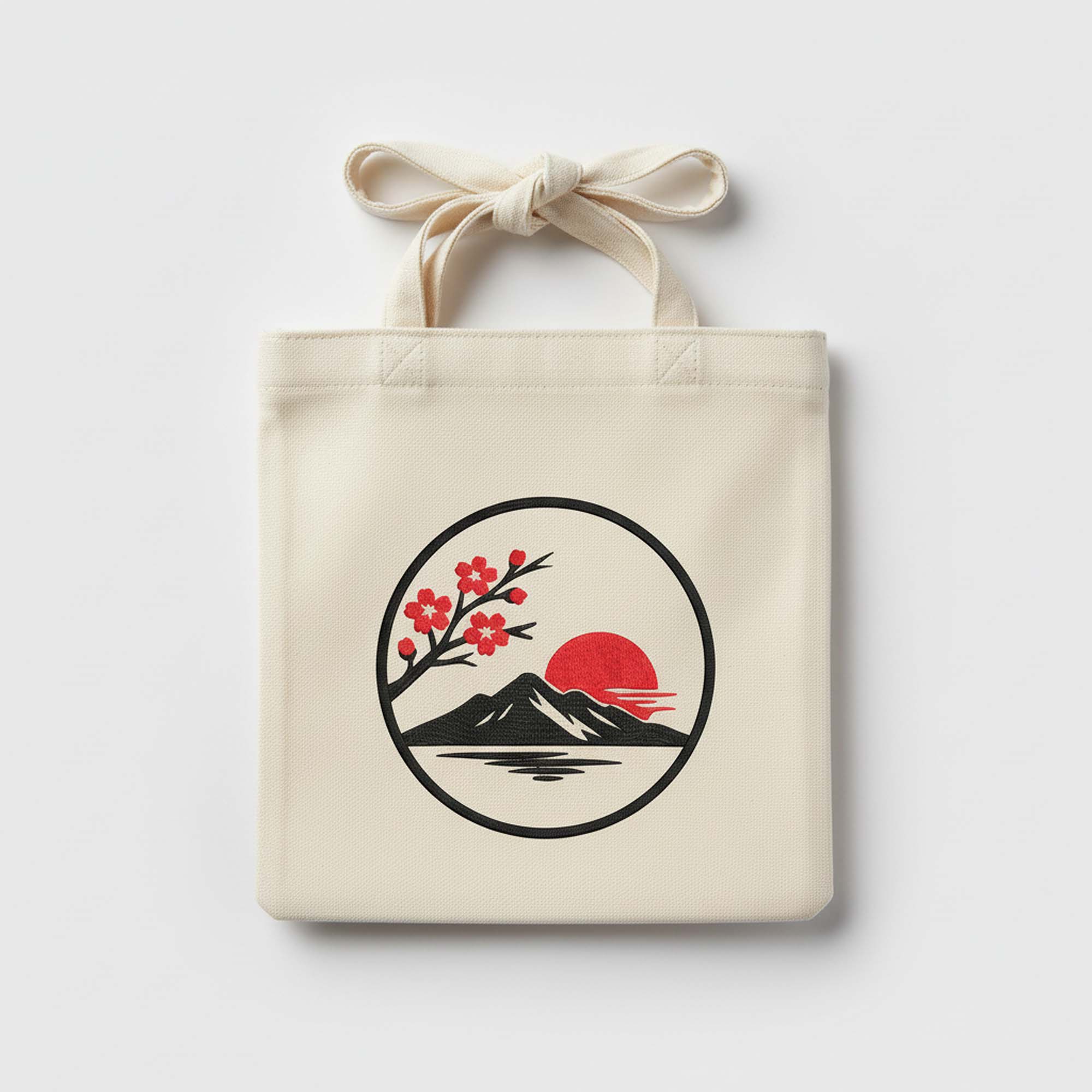 Japanese landscape cherry blossom mountain sun embroidery