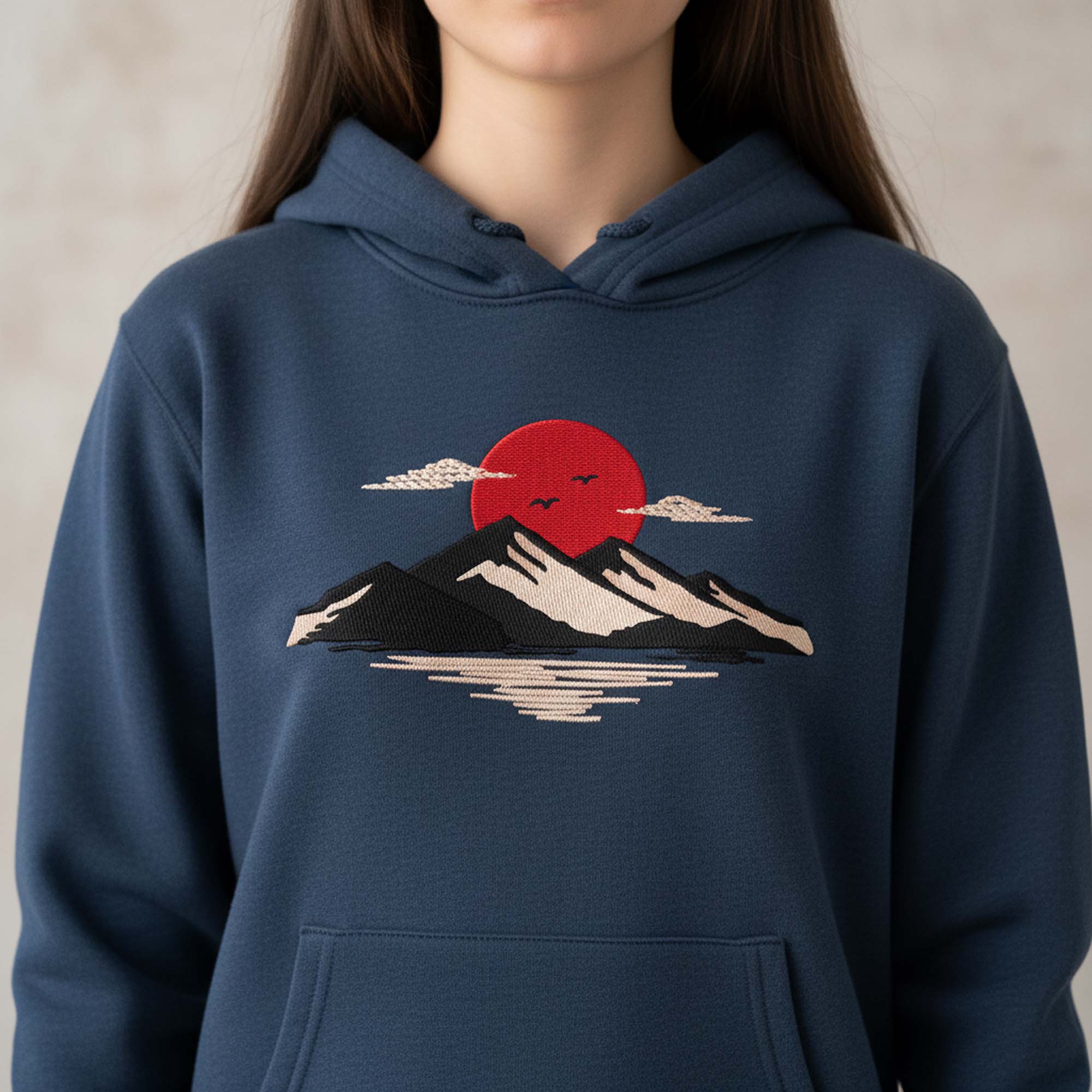 Japanese sunset mountain landscape embroidery