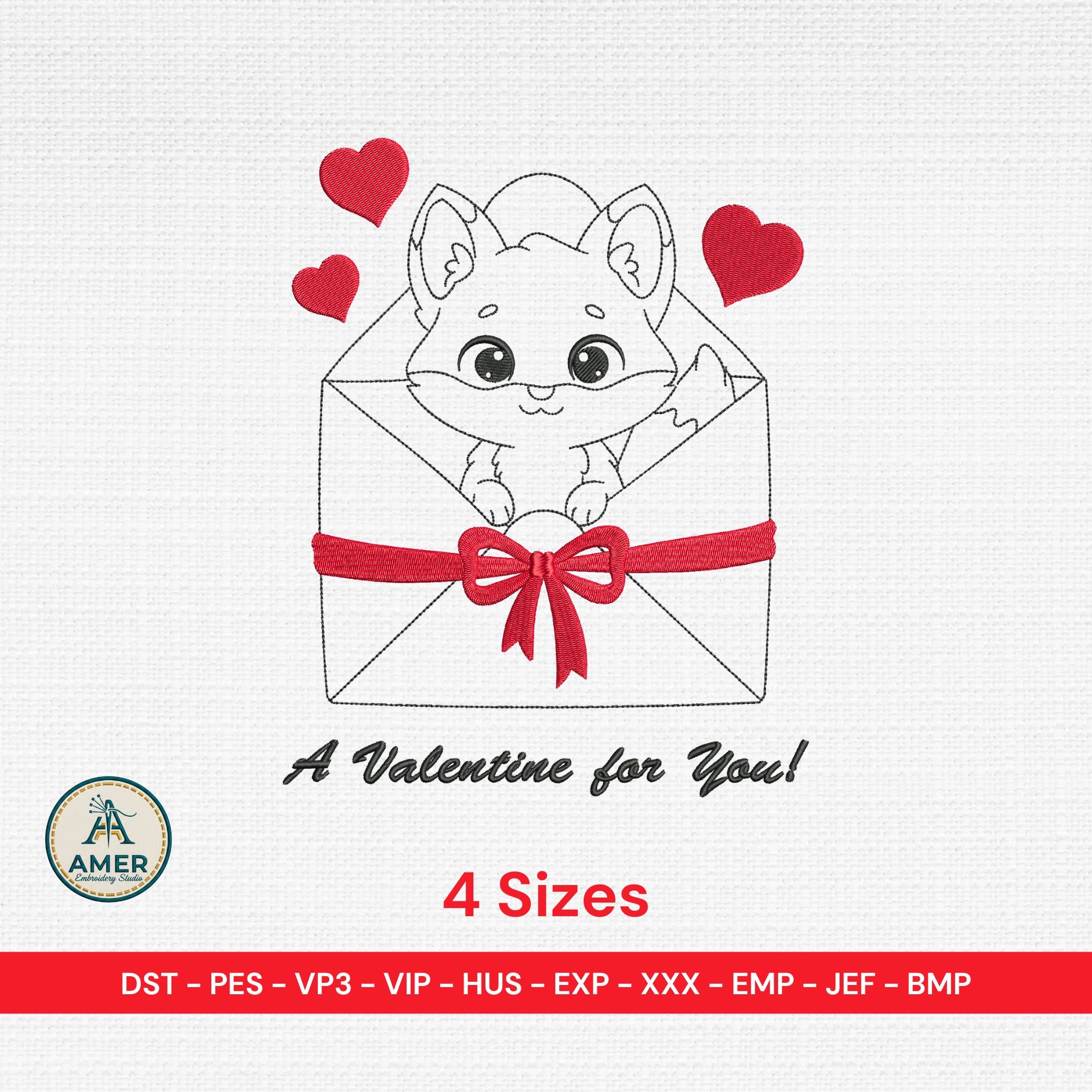 Valentine Fox, Animal in Envelope Machine Embroidery