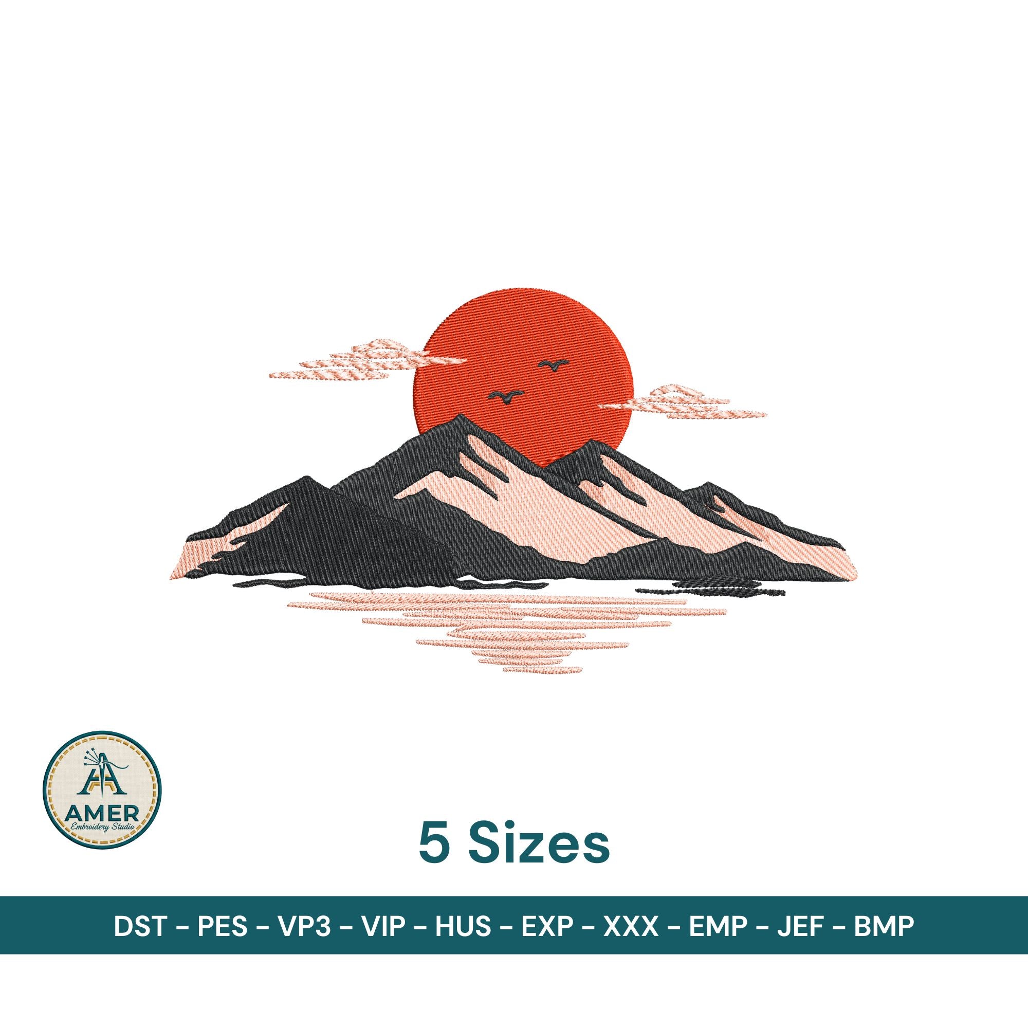 Japanese sunset mountain landscape embroidery