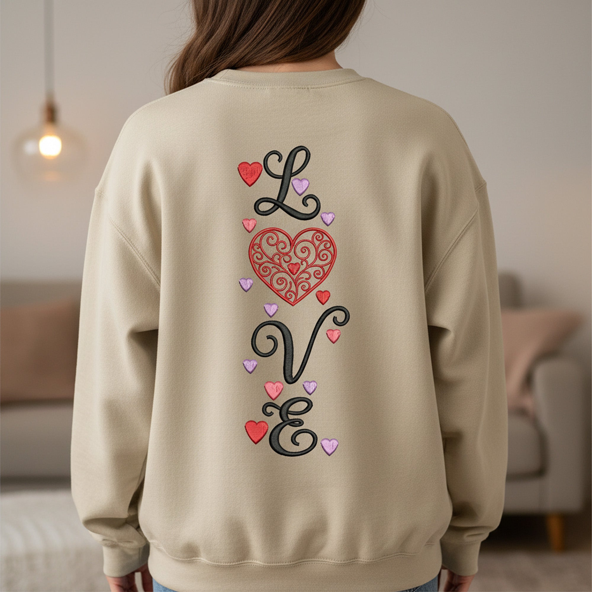 Love Word Embroidery Design, Vertical Heart Swirls Valentine Embroidery