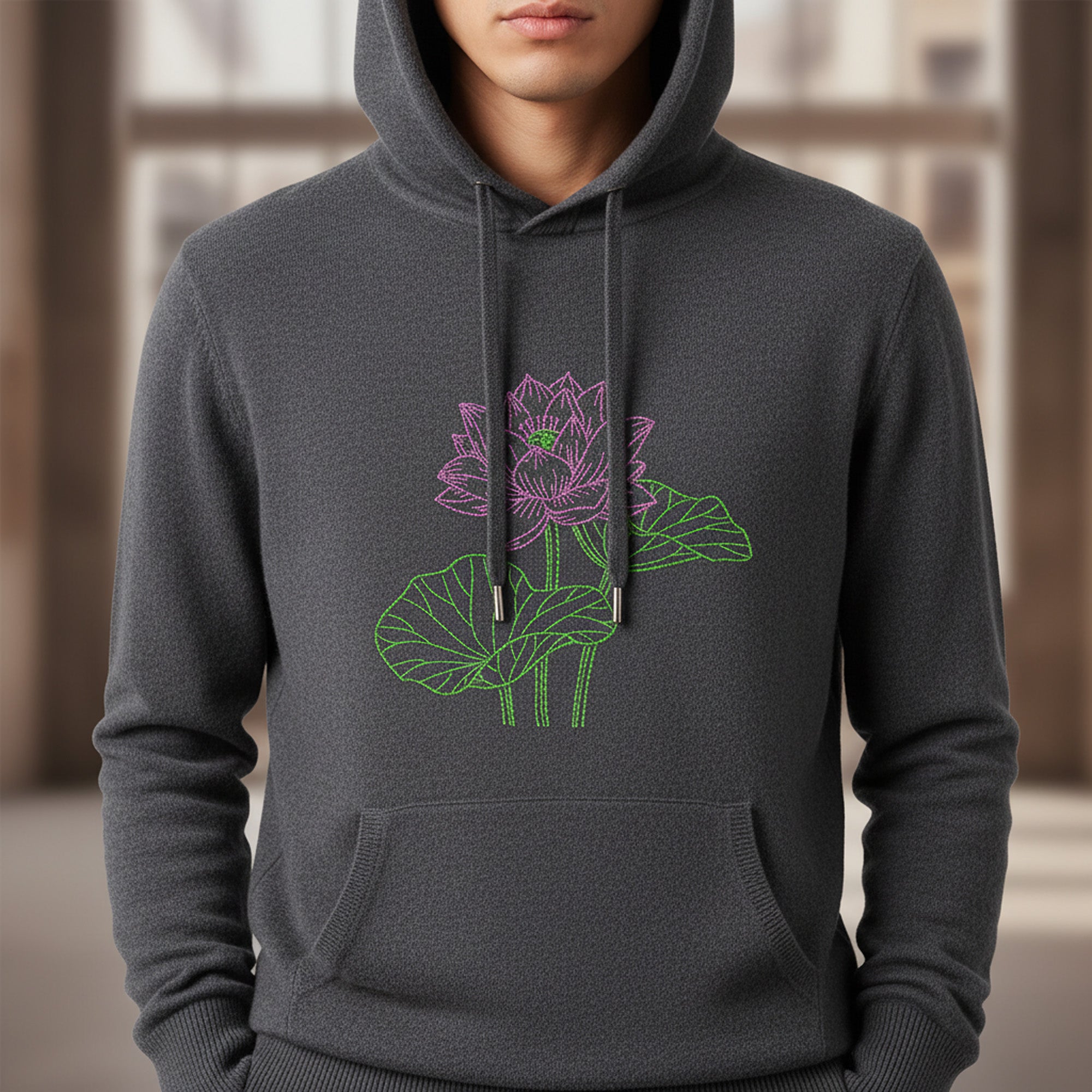 Serene Lotus line flower art machine embroidery