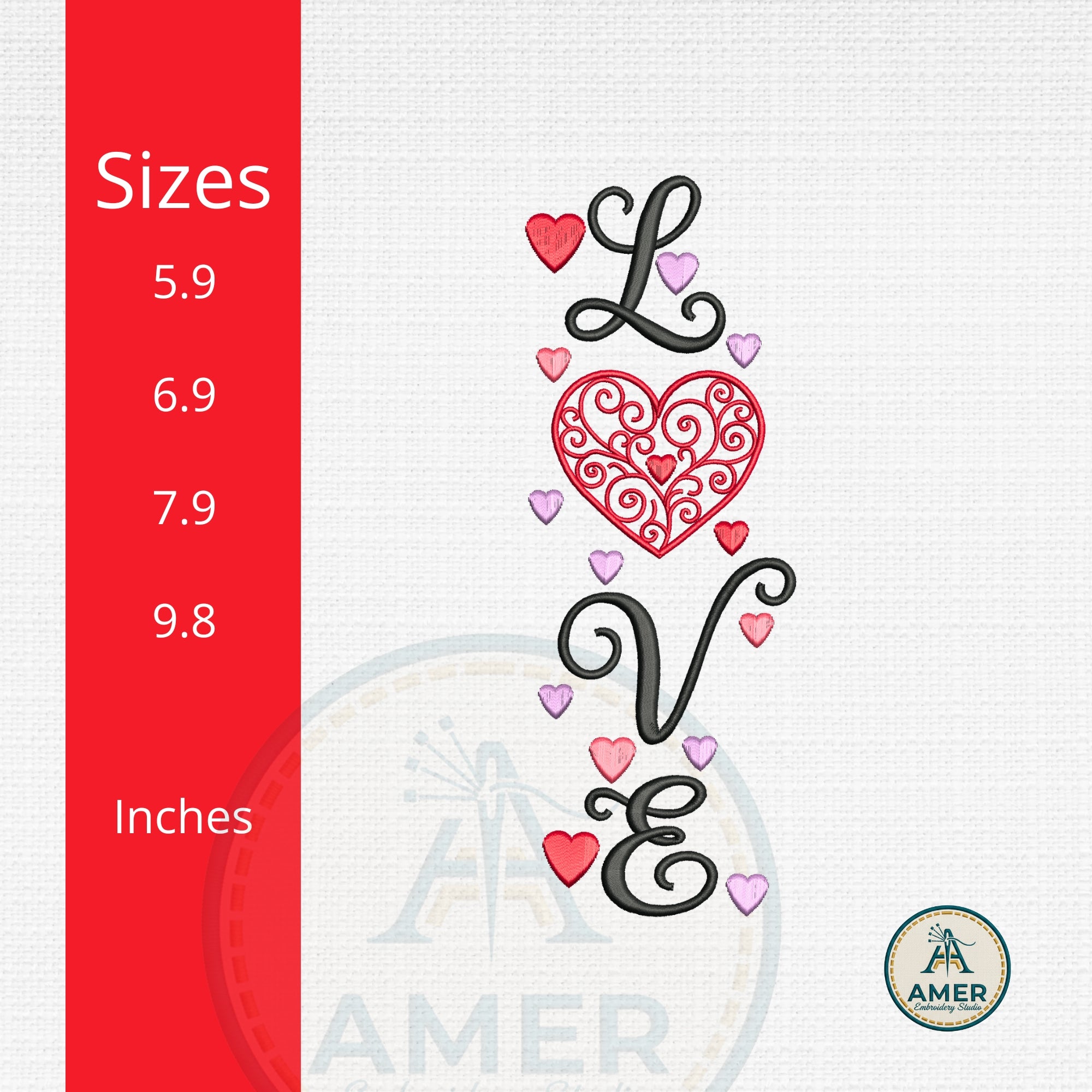 Love Word Embroidery Design, Vertical Heart Swirls Valentine Embroidery