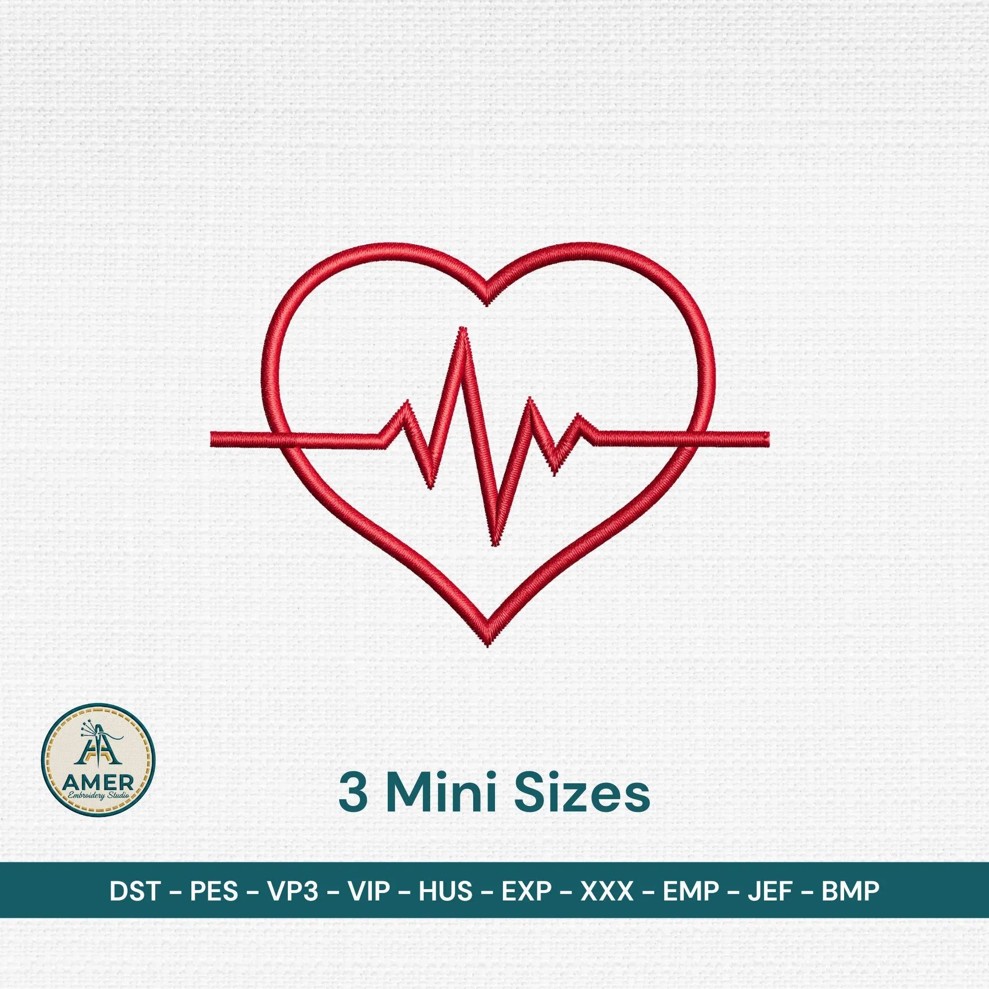 Heartbeat Heart Outline Embroidery, EKG Love Line Mini Design, Nurse Machine Embroidery File, 3 Sizes, Instant Download PES DST Jef - ReadTee