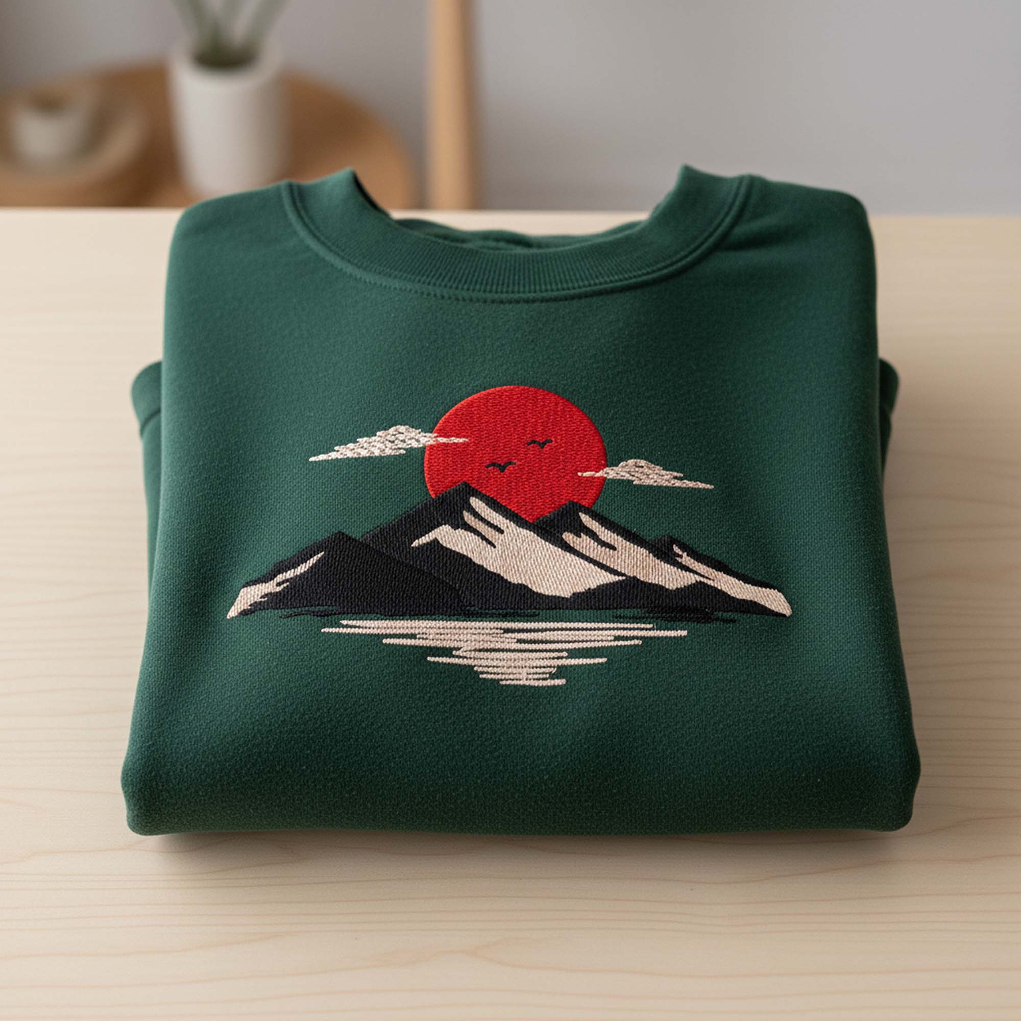 Japanese sunset mountain landscape embroidery