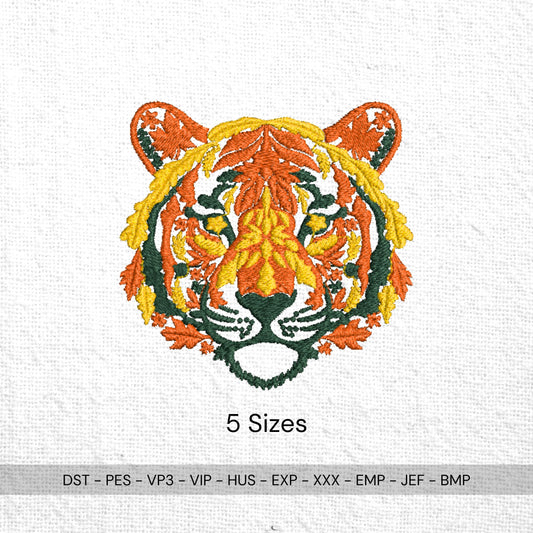 Autumn Leaves Tiger Embroidery Design | Fall Forest Machine Embroidery Pattern