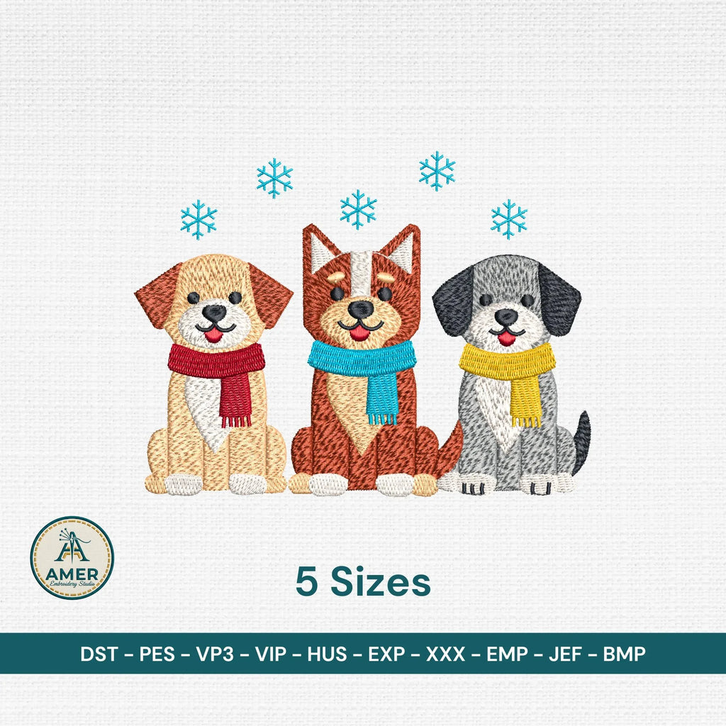 Winter Dogs Embroidery, Puppies in Scarves Snowflakes Design, 5 Sizes, Instant Download PES DST JEF - ReadTee