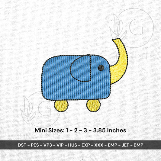 Mini Elephant Embroidery Design, Toy on Wheels, 4 Sizes, PES File, Baby Embroidery