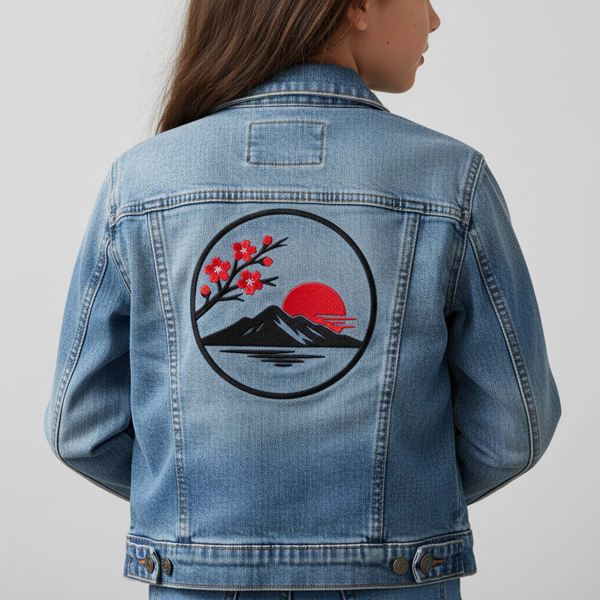 Japanese landscape cherry blossom mountain sun embroidery