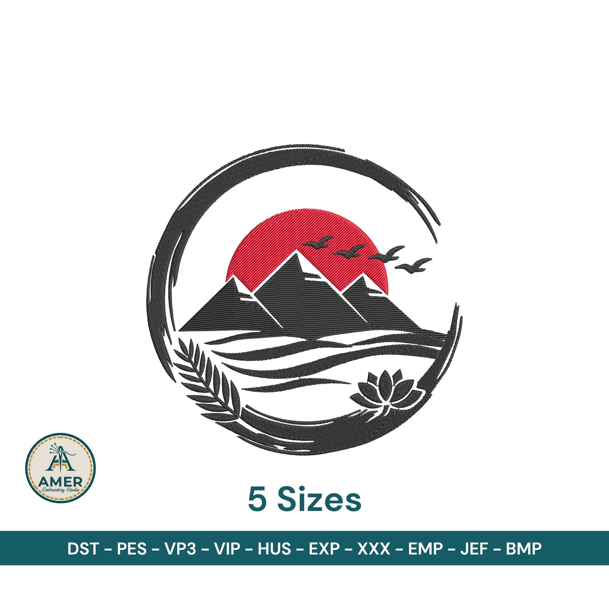 Egyptian Pyramids Zen Enso Lotus Sun Embroidery