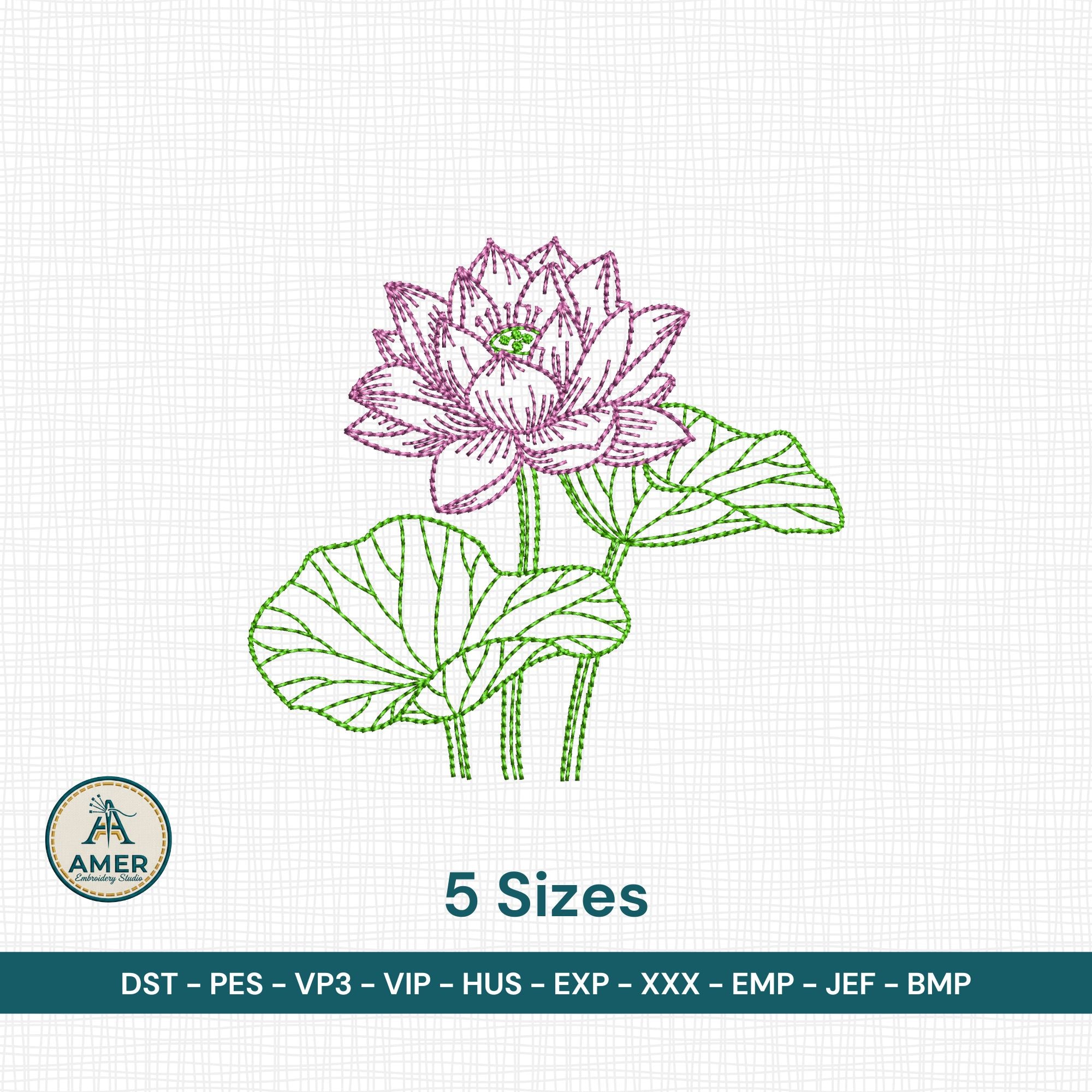Serene Lotus line flower art machine embroidery