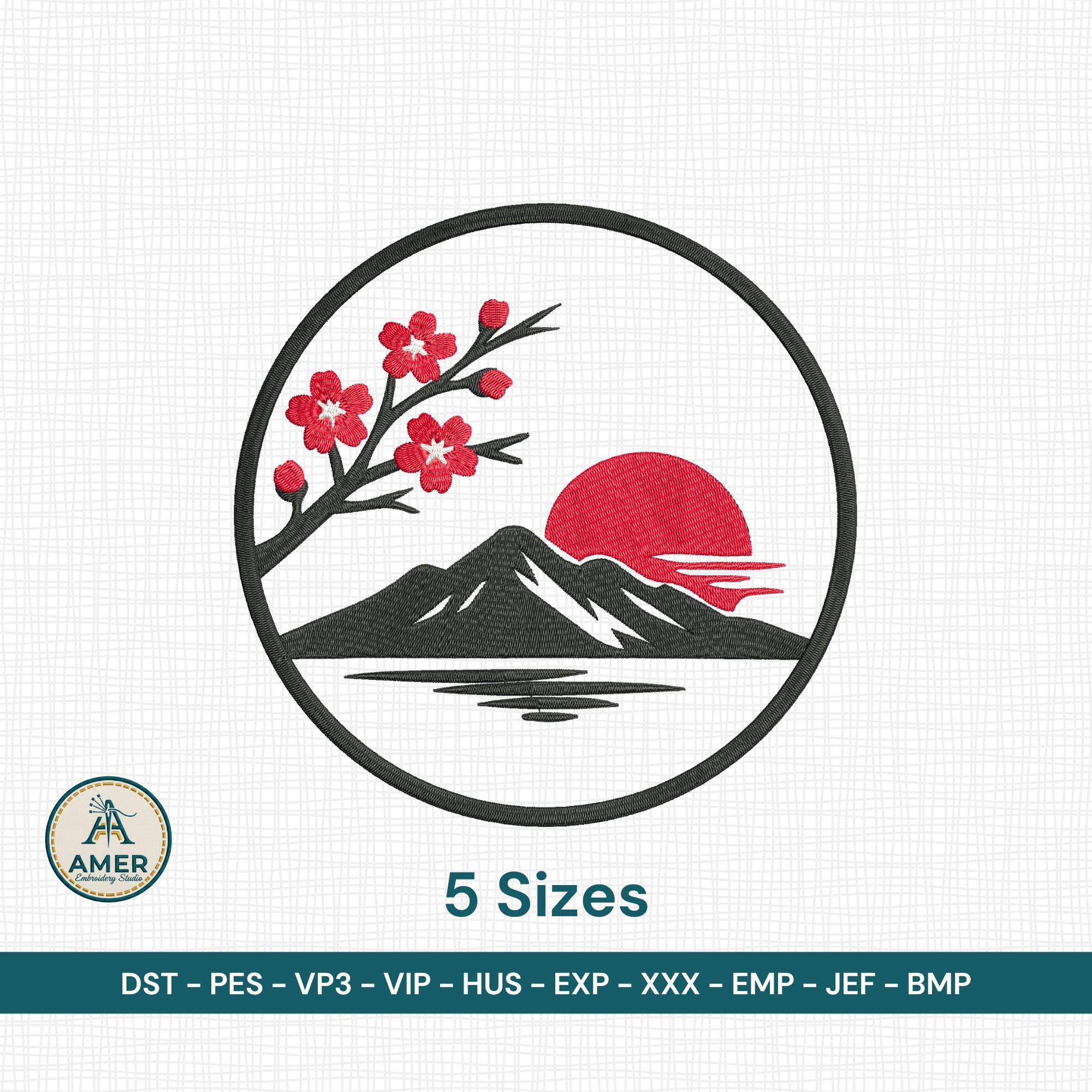 Japanese landscape cherry blossom mountain sun embroidery
