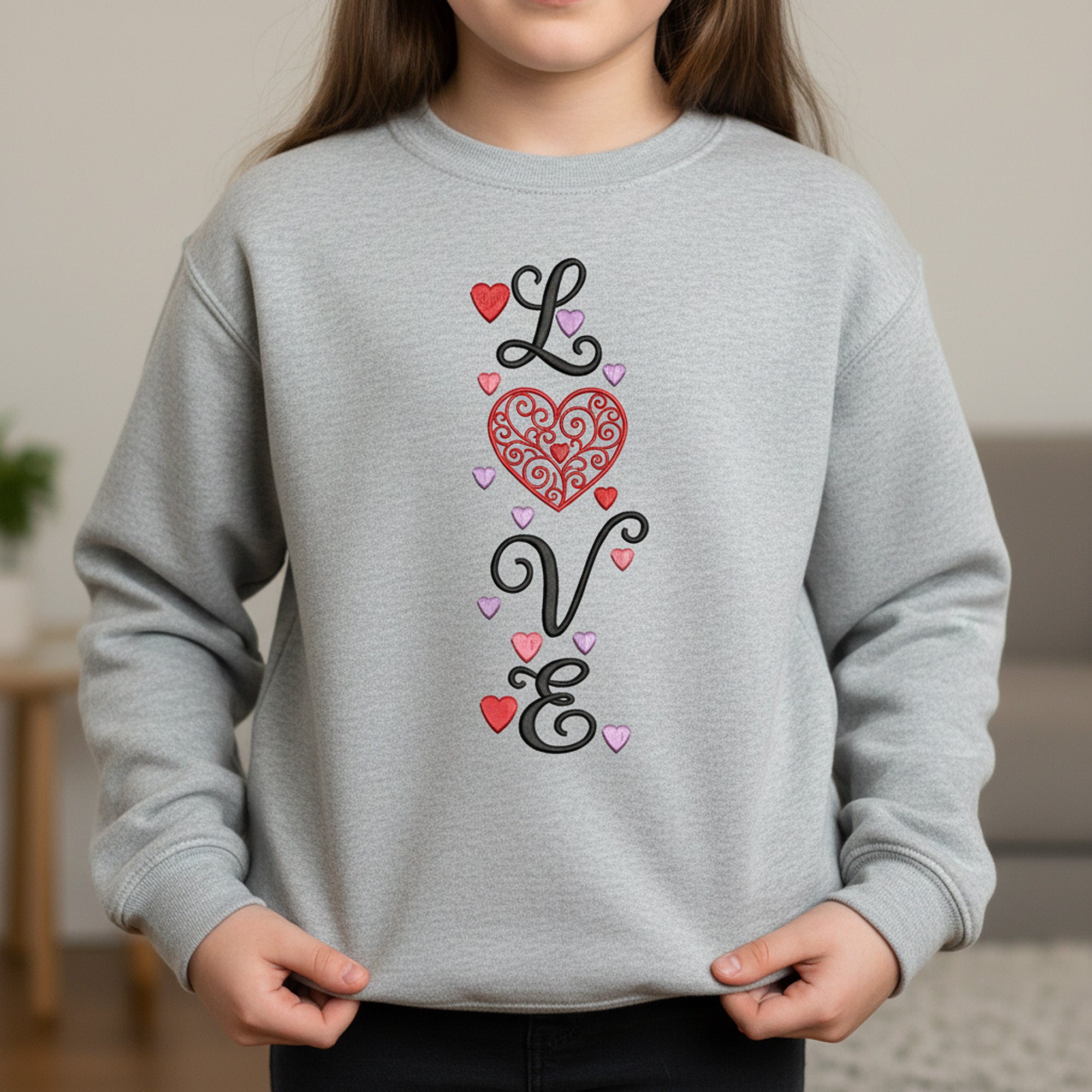 Love Word Embroidery Design, Vertical Heart Swirls Valentine Embroidery
