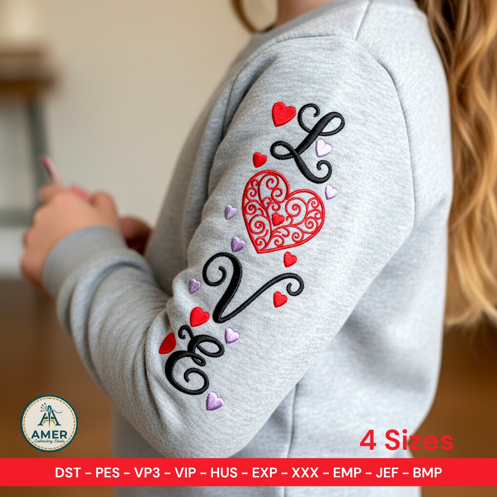 Love Word Embroidery Design, Vertical Heart Swirls Valentine Embroidery