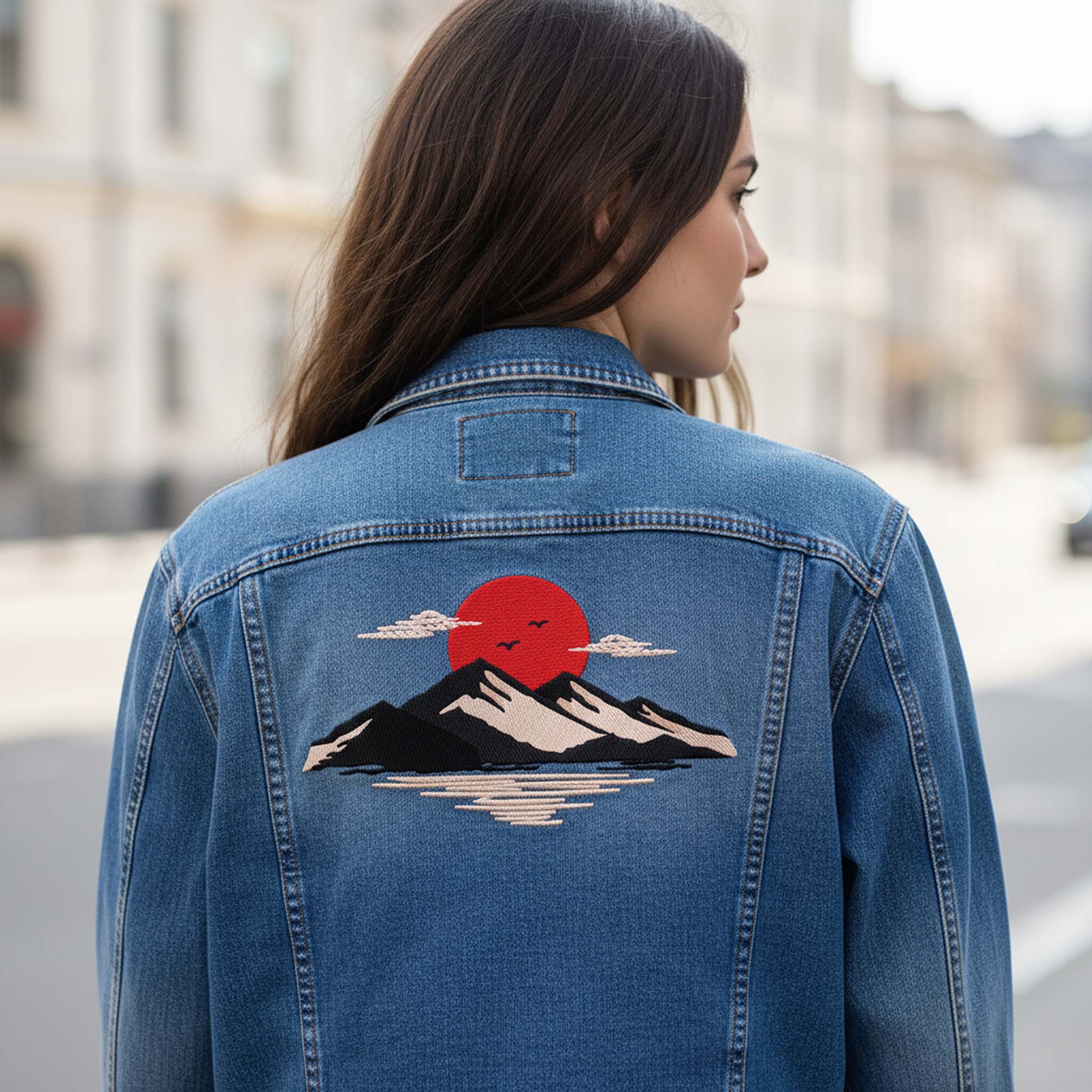 Japanese sunset mountain landscape embroidery