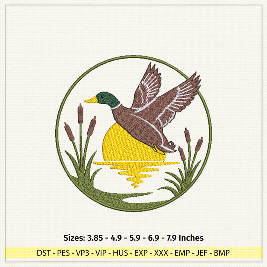 Mallard Duck Embroidery Design, Flying Duck Machine Embroidery File