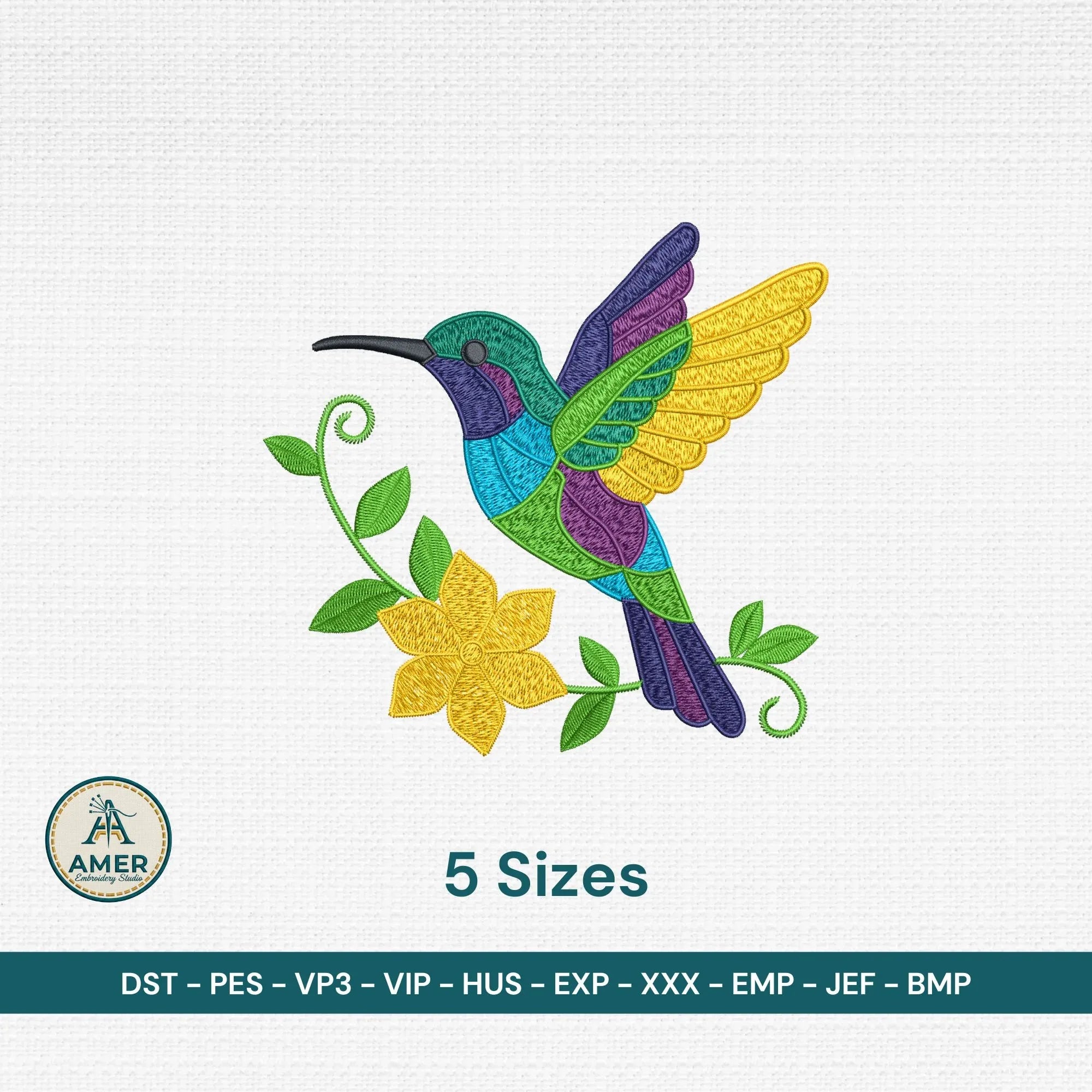 Hummingbird Embroidery Design, Colorful Bird with Flower - ReadTee