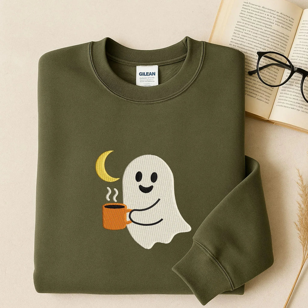 Cute Ghost Drinking Coffee Embroidery Design, Halloween Coffee Lover Machine Embroidery Digital Files, Trick or Treat Ghost - ReadTee