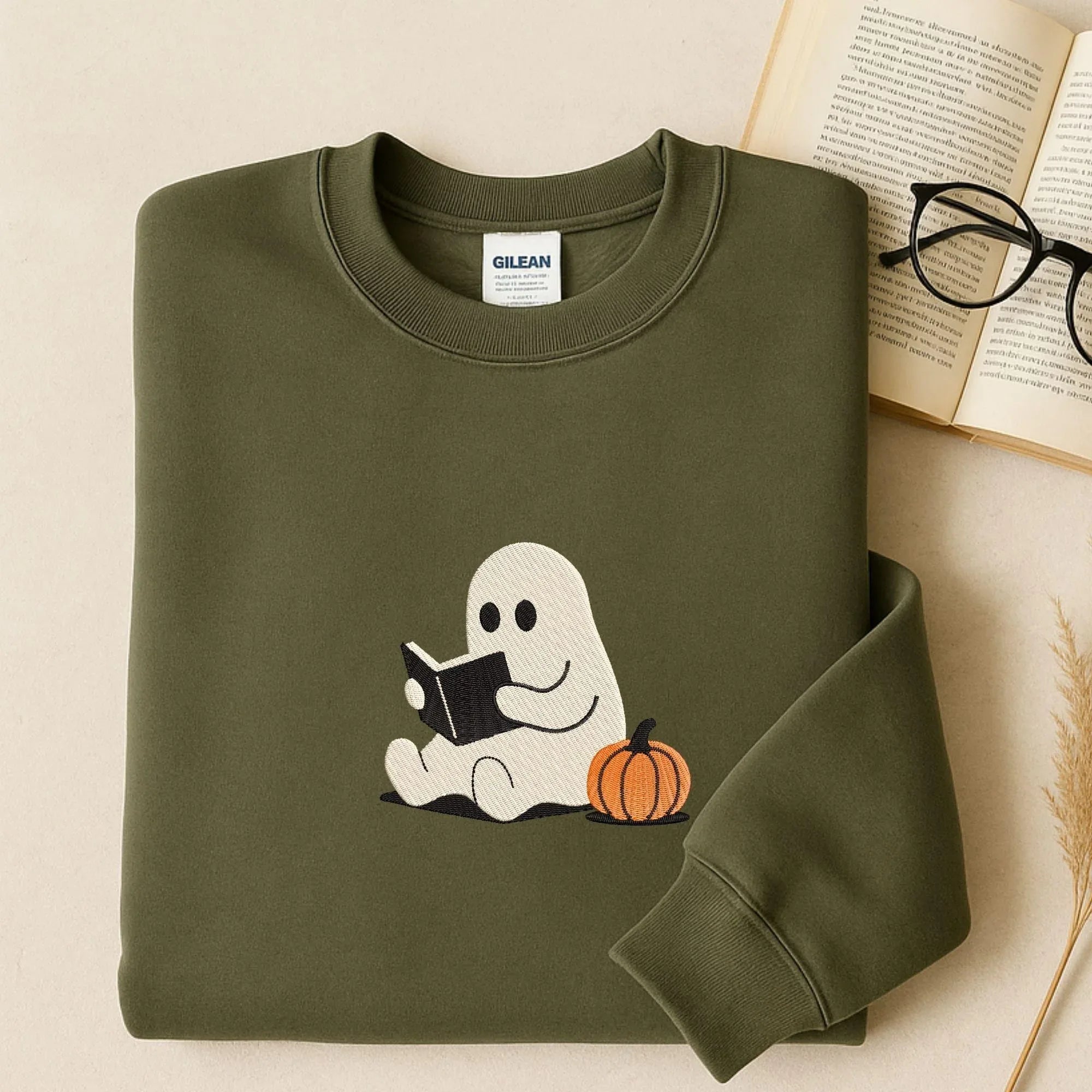 Ghost Reading with Pumpkin Machine Embroidery Design | Halloween (Digital Files) - ReadTee
