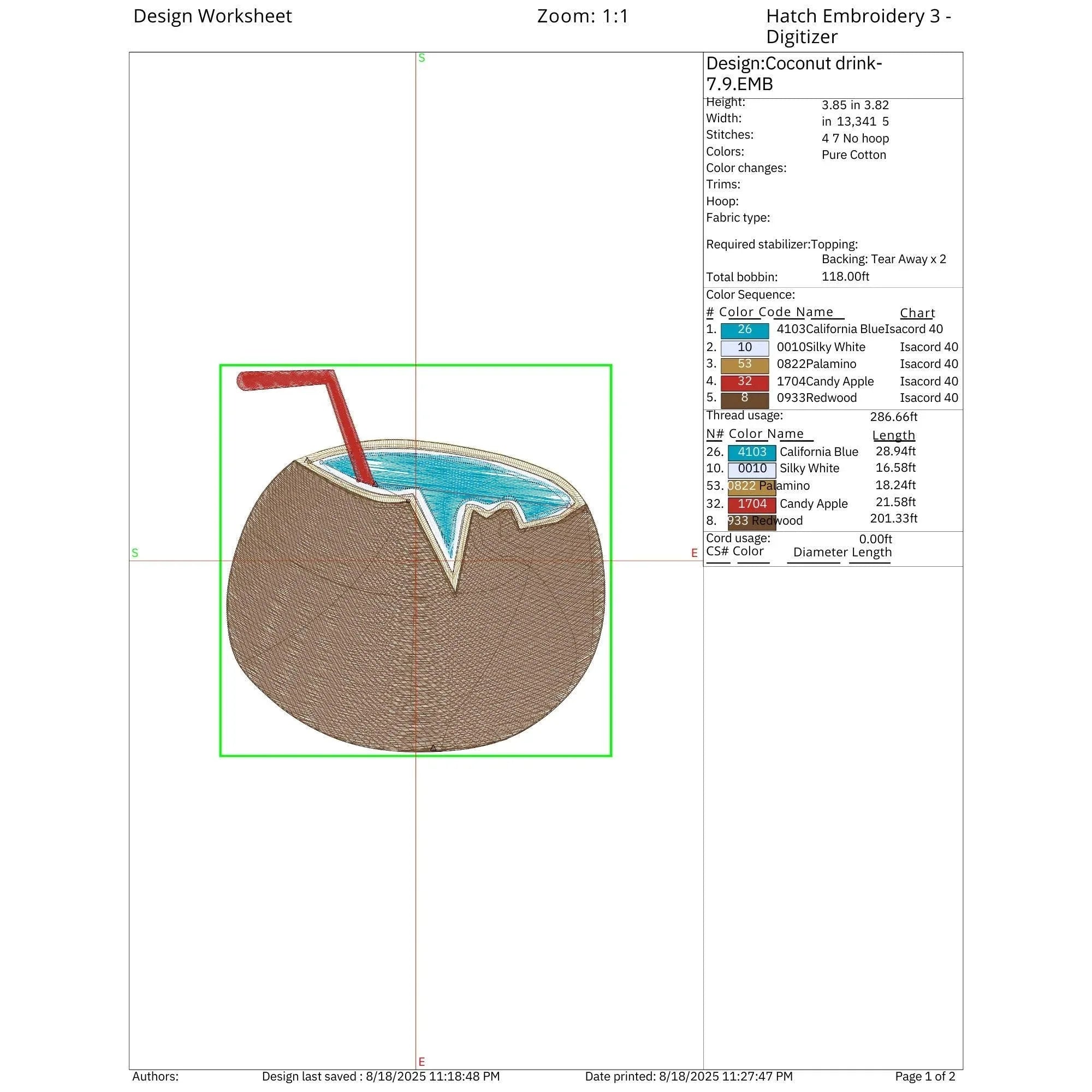 Coconut Drink Embroidery Design: Tropical Beach Cocktail Pattern (Digital Files, 5 Sizes) - ReadTee