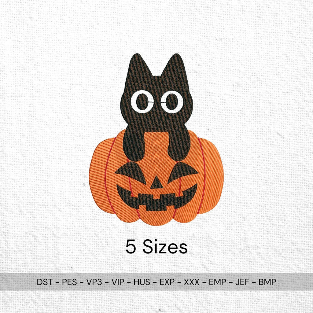 Black Cat Embroidery Design: Halloween Pumpkin, Spooky Fall (Digital Files, 5 Sizes) - ReadTee