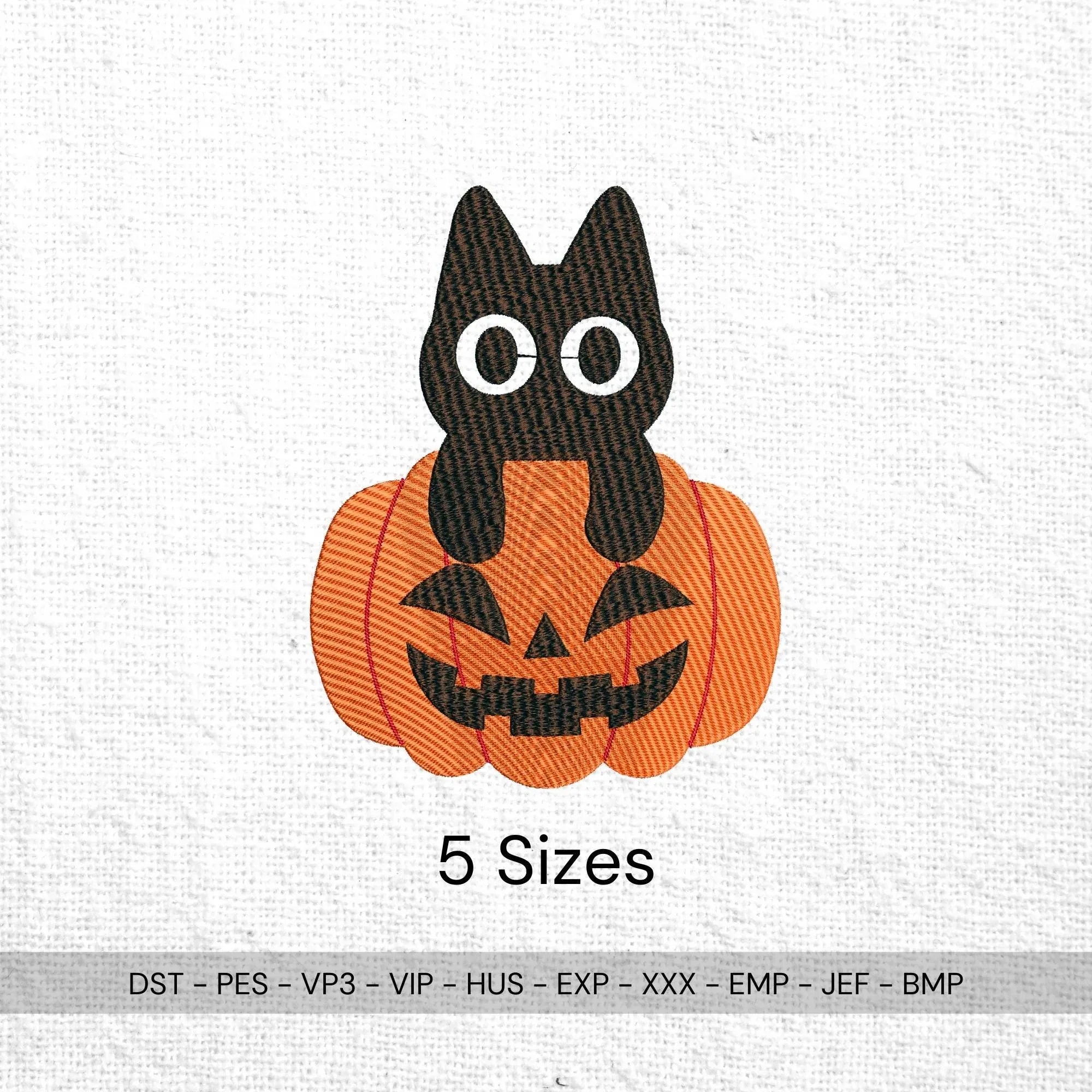 Black Cat Embroidery Design: Halloween Pumpkin, Spooky Fall (Digital Files, 5 Sizes) - ReadTee