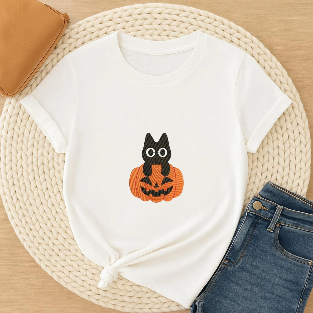 Black Cat Embroidery Design: Halloween Pumpkin, Spooky Fall (Digital Files, 5 Sizes) - ReadTee