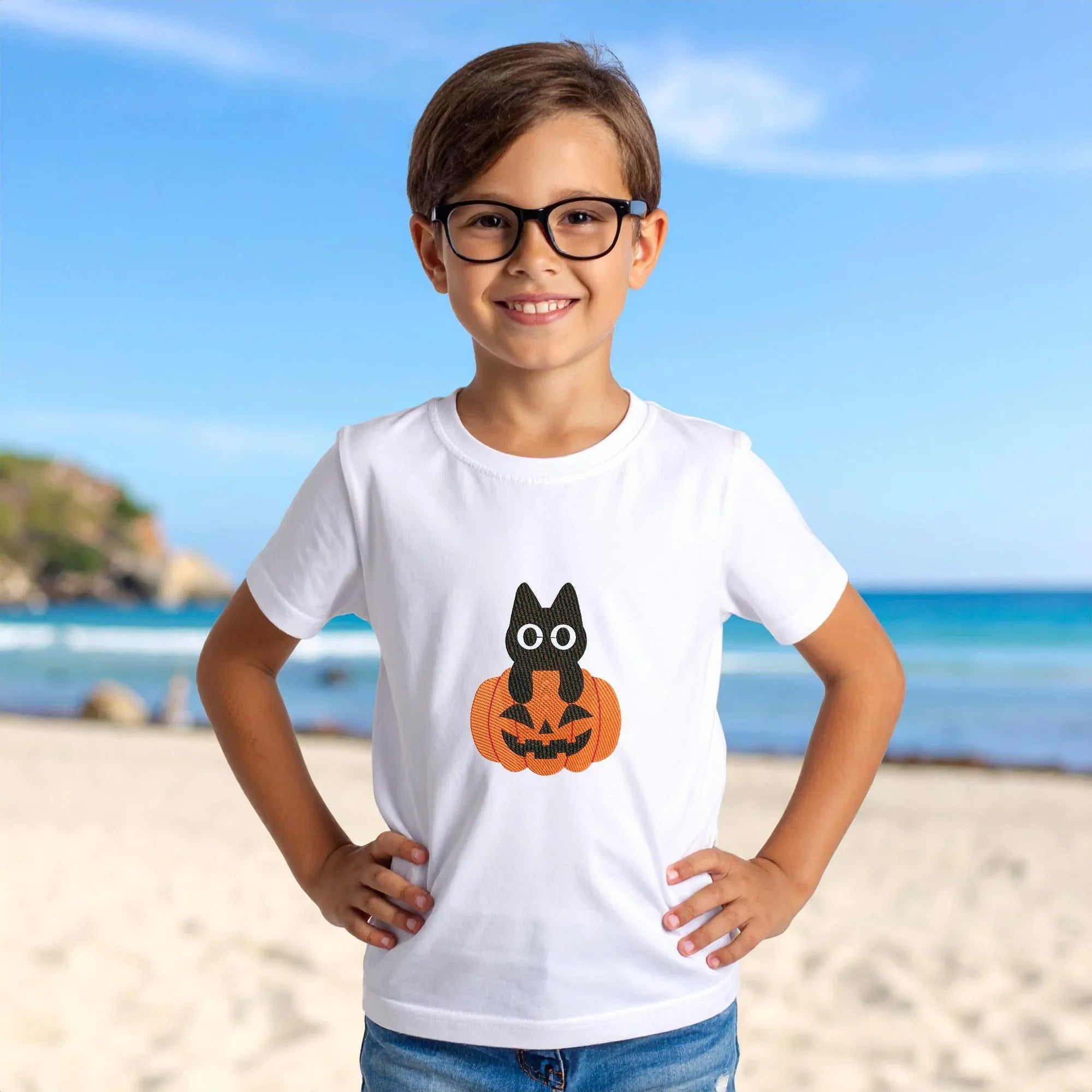 Black Cat Embroidery Design: Halloween Pumpkin, Spooky Fall (Digital Files, 5 Sizes) - ReadTee