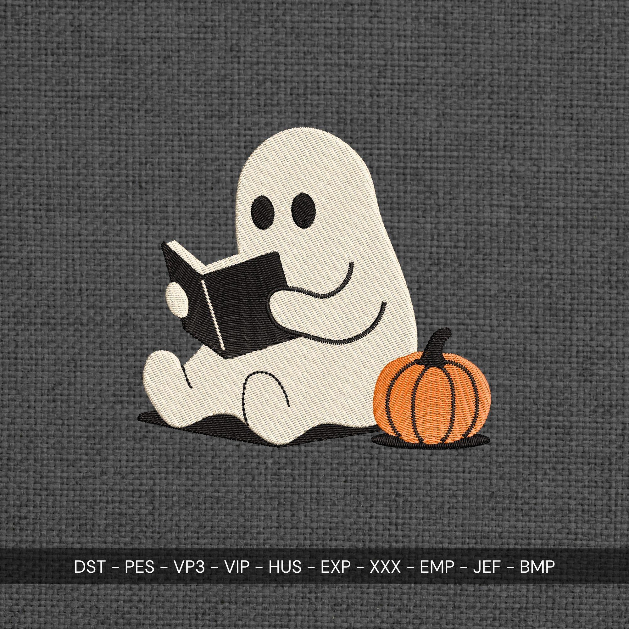 Ghost Reading with Pumpkin Machine Embroidery Design | Halloween (Digital Files) - ReadTee