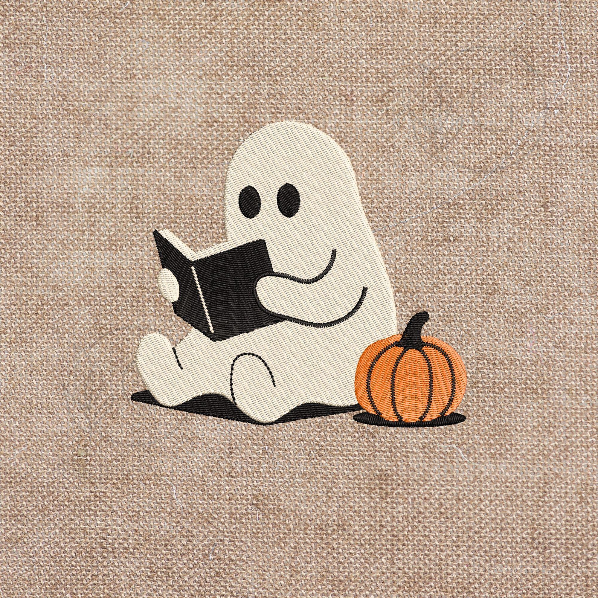 Ghost Reading with Pumpkin Machine Embroidery Design | Halloween (Digital Files) - ReadTee