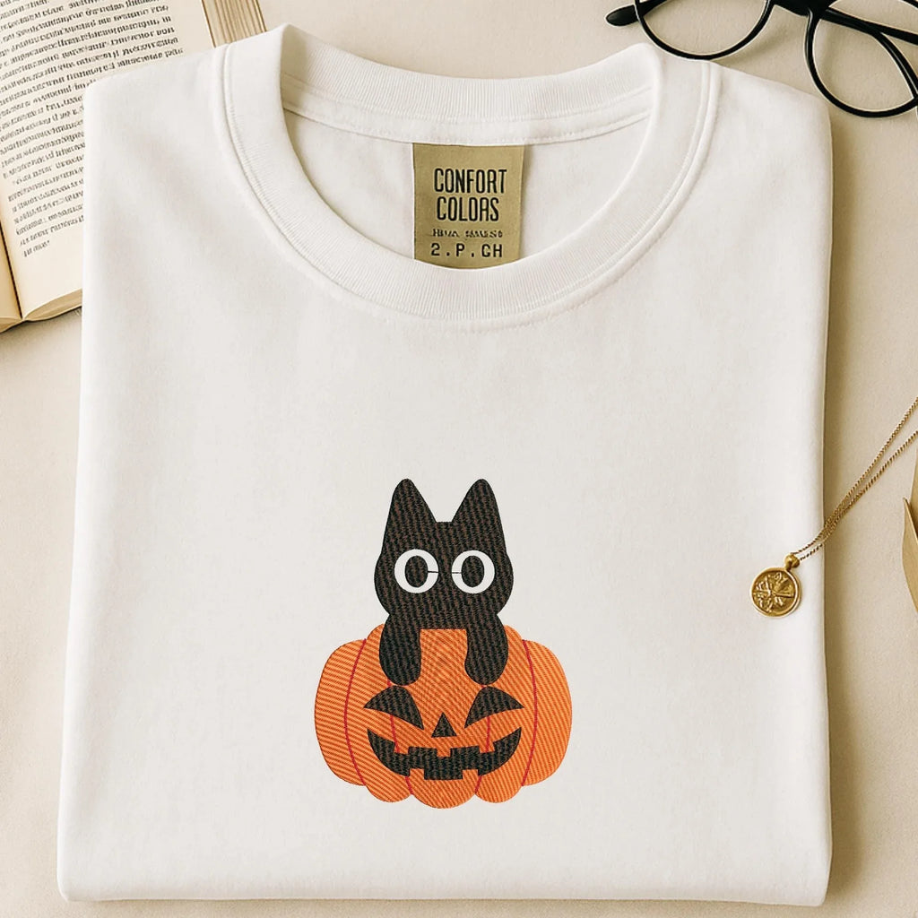 Black Cat Embroidery Design: Halloween Pumpkin, Spooky Fall (Digital Files, 5 Sizes) - ReadTee