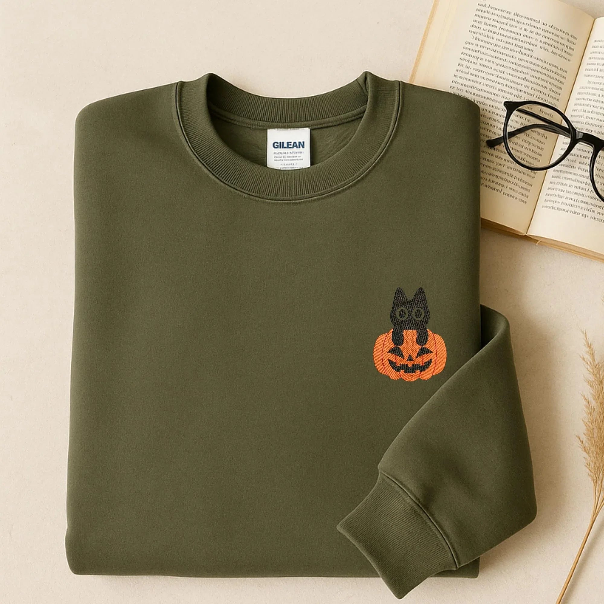 Black Cat Embroidery Design: Halloween Pumpkin, Spooky Fall (Digital Files, 5 Sizes) - ReadTee