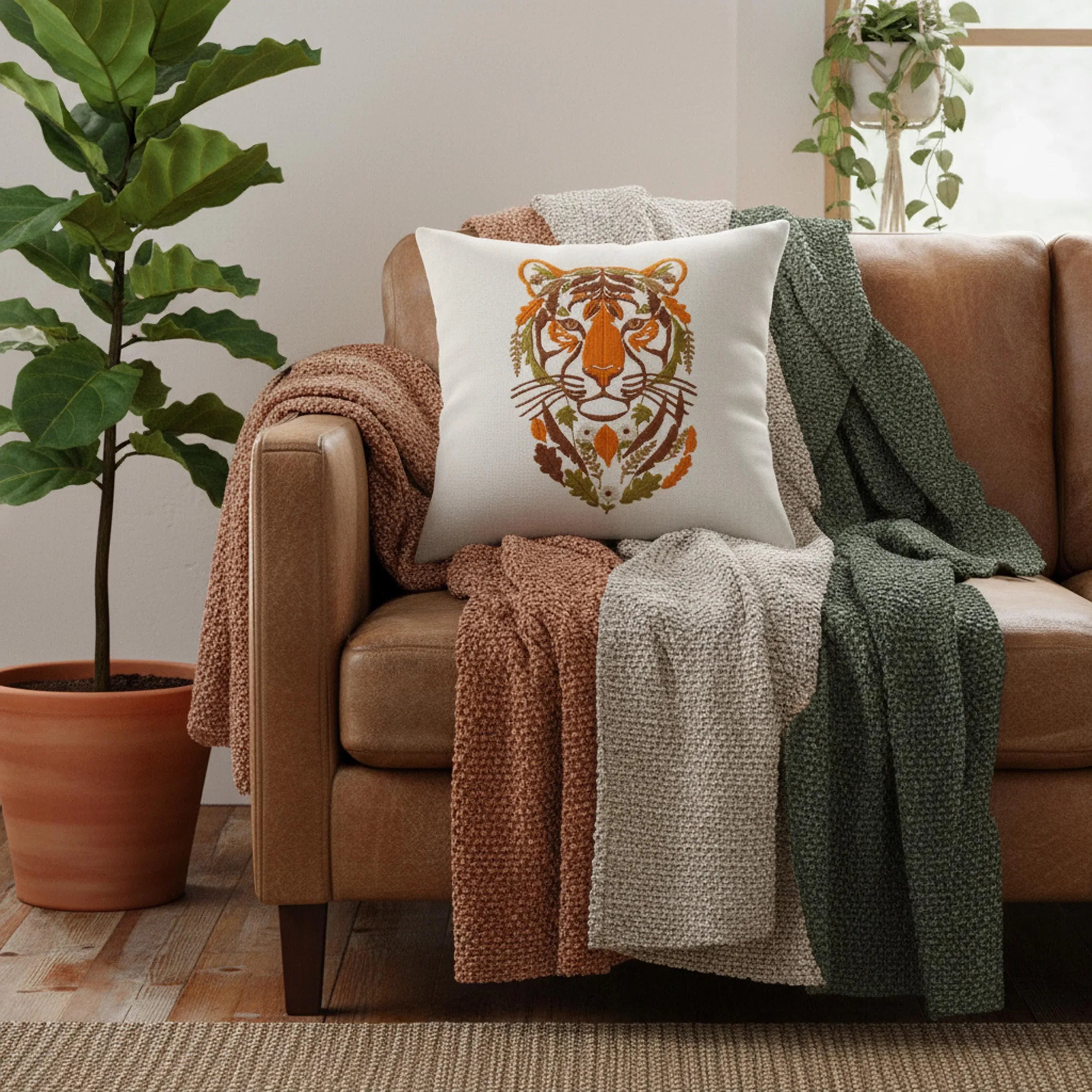 Floral Tiger Head Embroidery Design | Autumn Leaves (Digital Download) - ReadTee