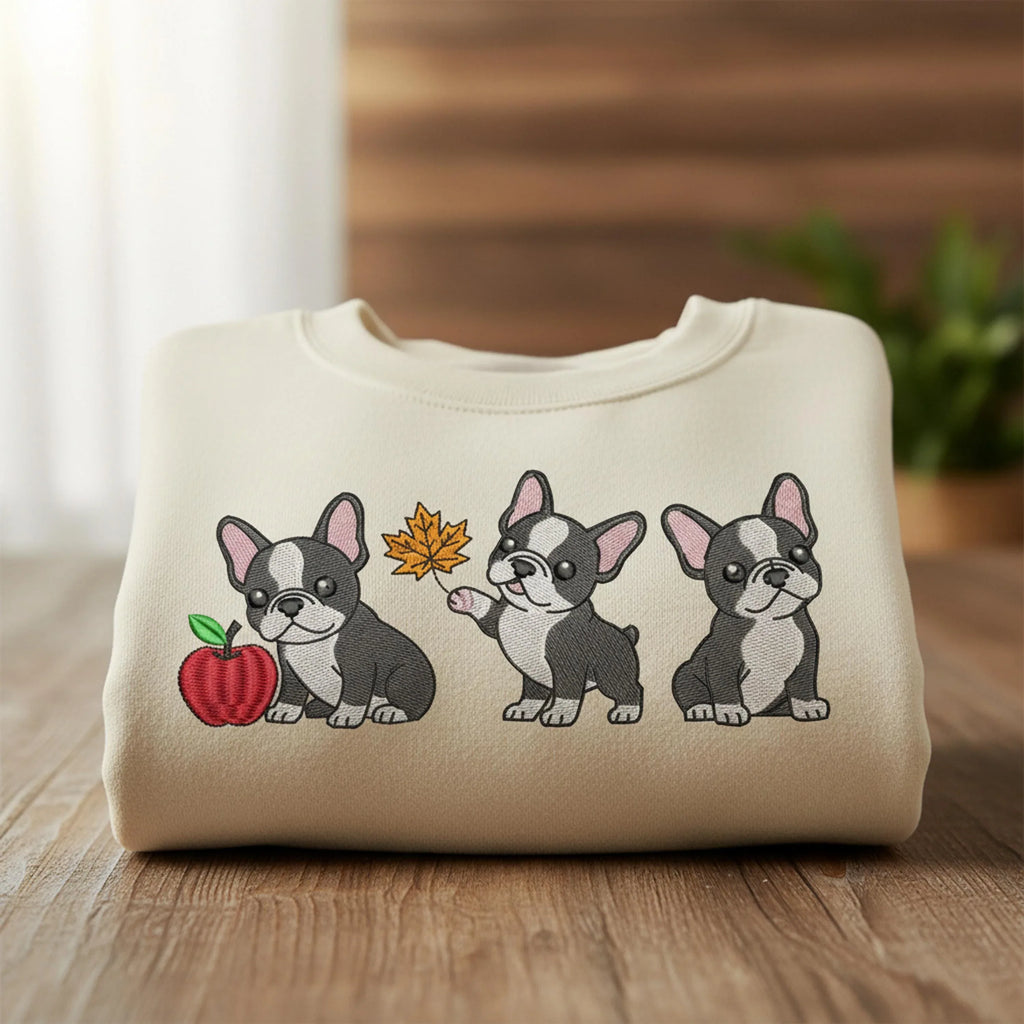 Fall French Bulldog Embroidery Design, Dog Border (DST PES File) - ReadTee