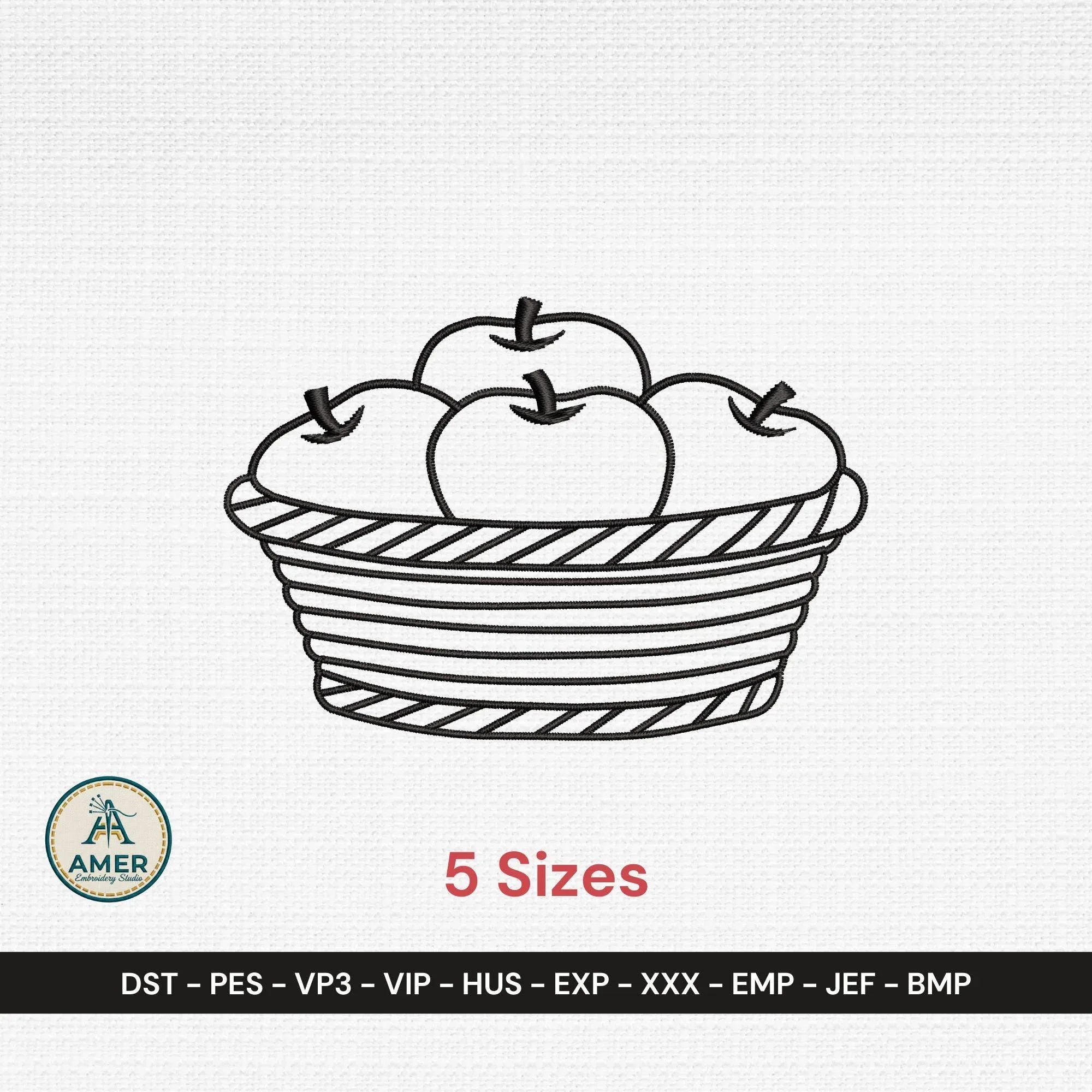 Apple Basket Outline Embroidery Design, Farmhouse Kitchen Fruit Pattern, Fall Harvest Redwork, Minimalist Sketch, 5 Sizes Instant Download - ReadTee