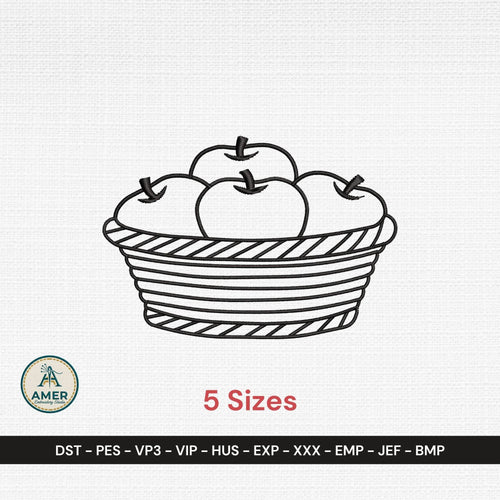 Apple Basket Outline Embroidery Design, Farmhouse Kitchen Fruit Pattern, Fall Harvest Redwork, Minimalist Sketch, 5 Sizes Instant Download - ReadTee