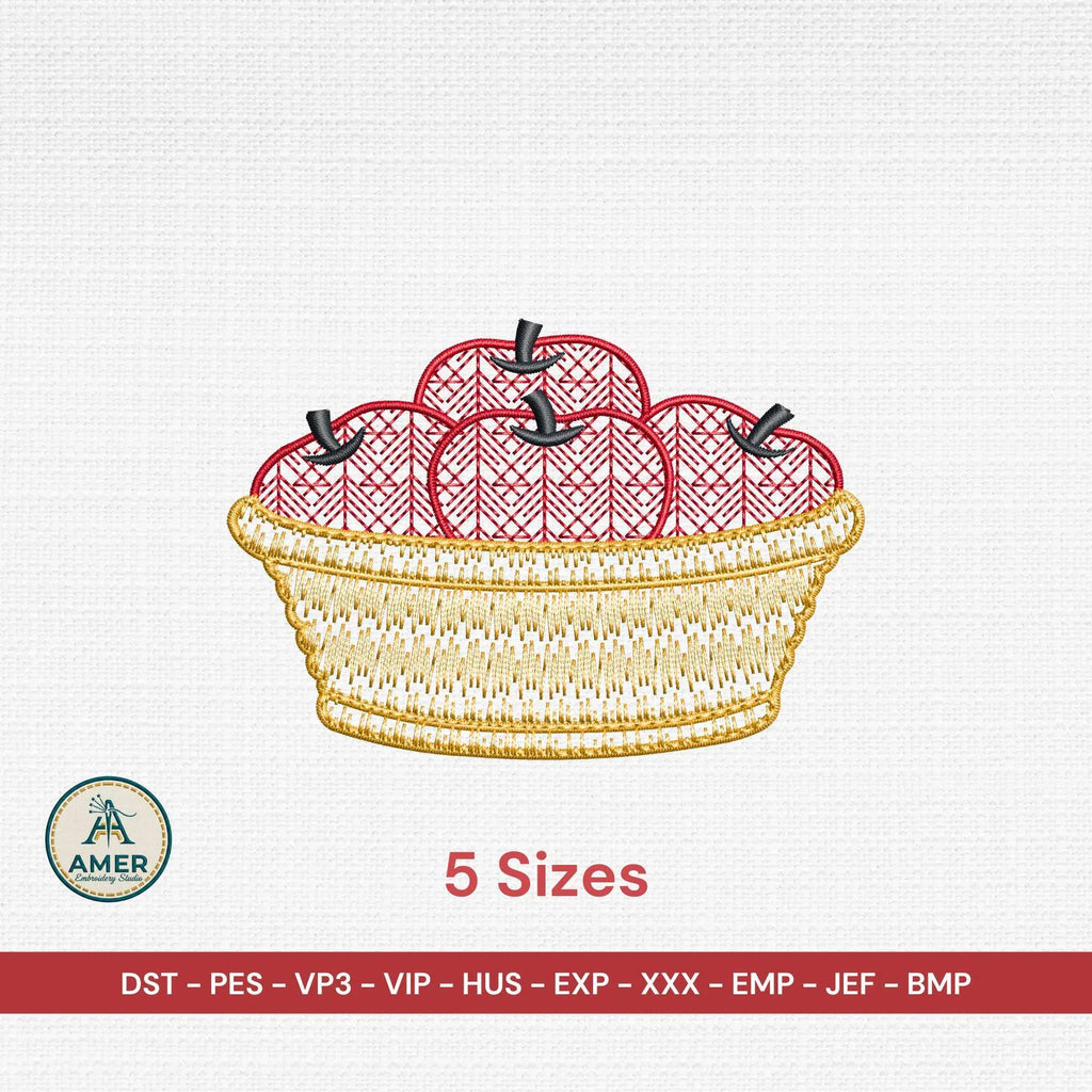 Apple Basket Embroidery Design, Modern Motif Fill Pattern, Light Stitch Fall Fruit, Kitchen Decor, Quick Stitch 5 Sizes PES DST Download - ReadTee