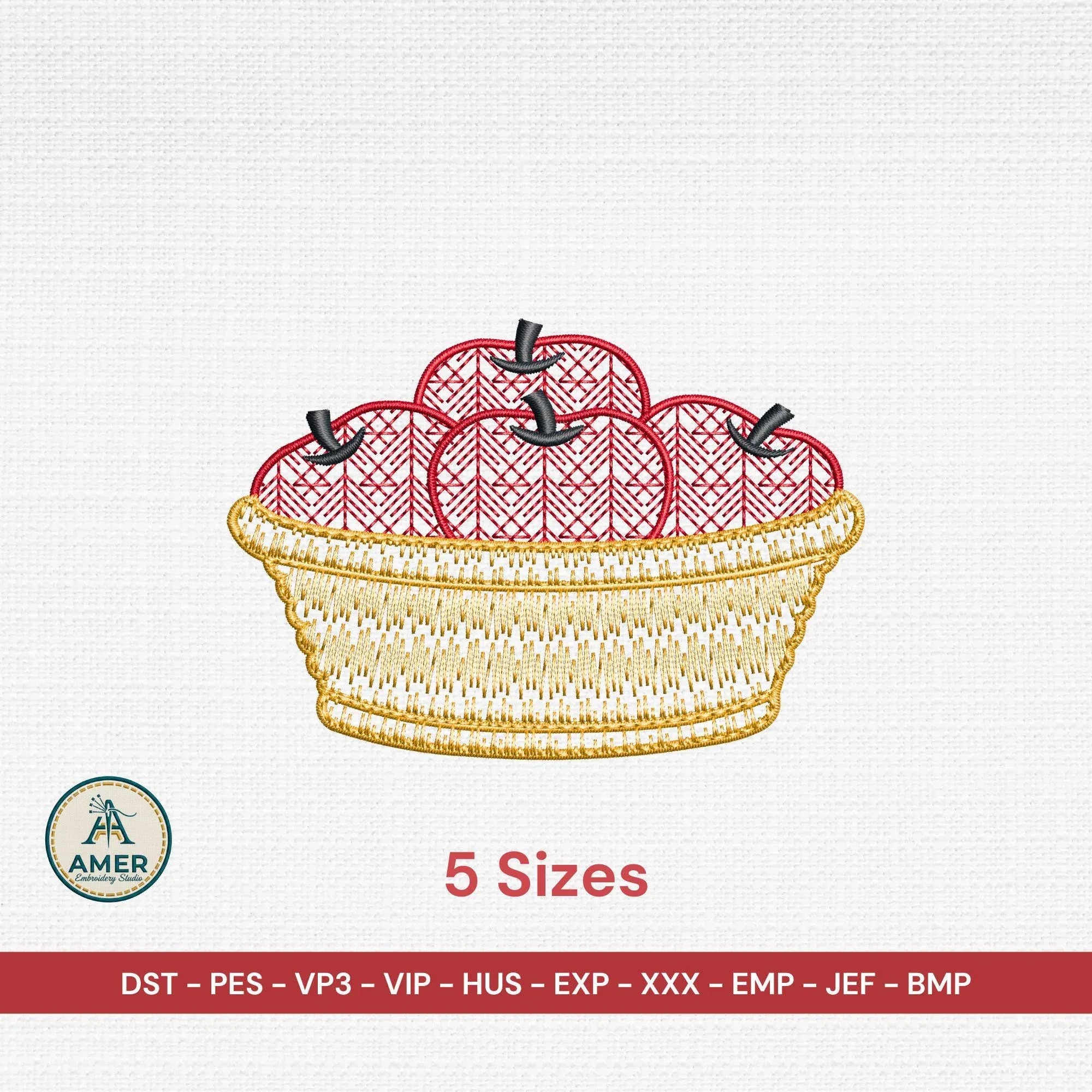 Apple Basket Embroidery Design, Modern Motif Fill Pattern, Light Stitch Fall Fruit, Kitchen Decor, Quick Stitch 5 Sizes PES DST Download - ReadTee