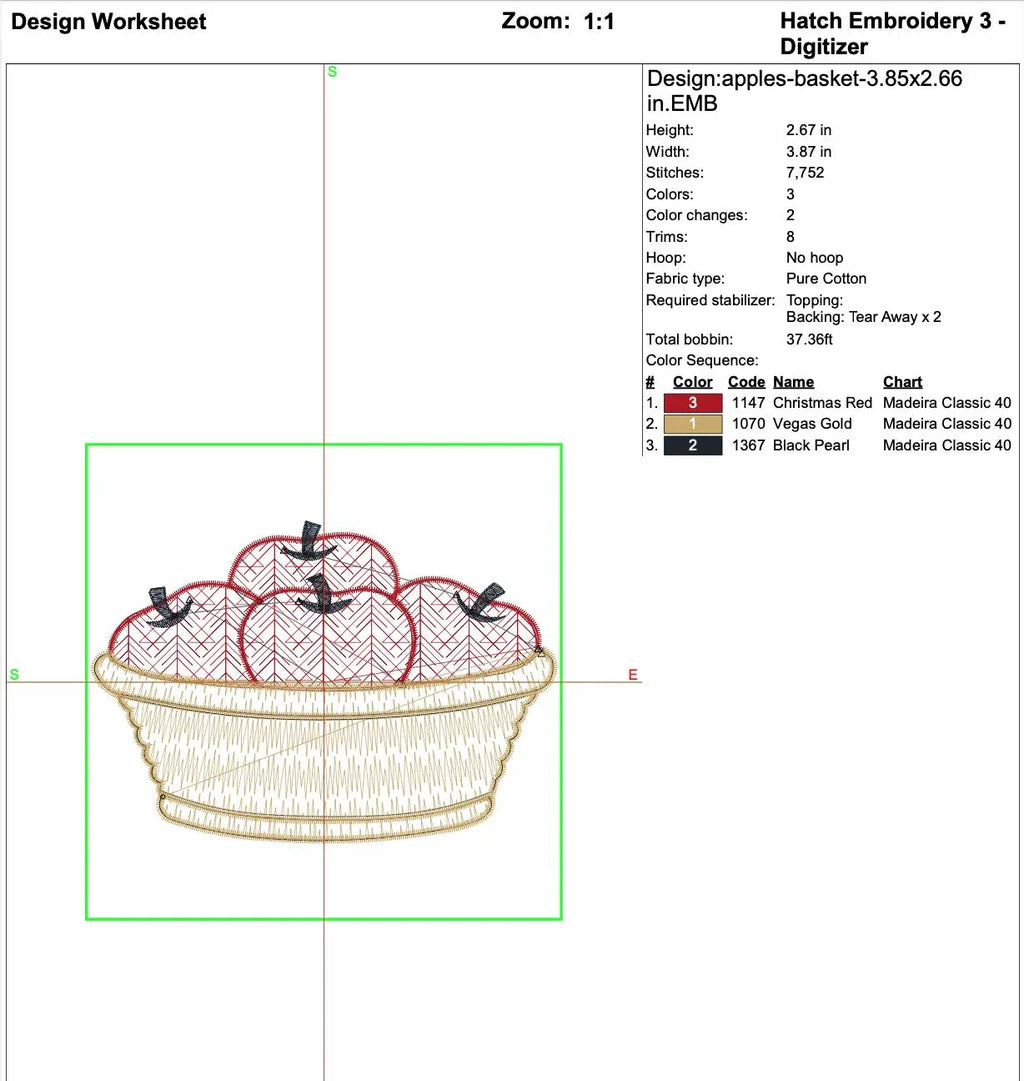 Apple Basket Embroidery Design, Modern Motif Fill Pattern, Light Stitch Fall Fruit, Kitchen Decor, Quick Stitch 5 Sizes PES DST Download - ReadTee