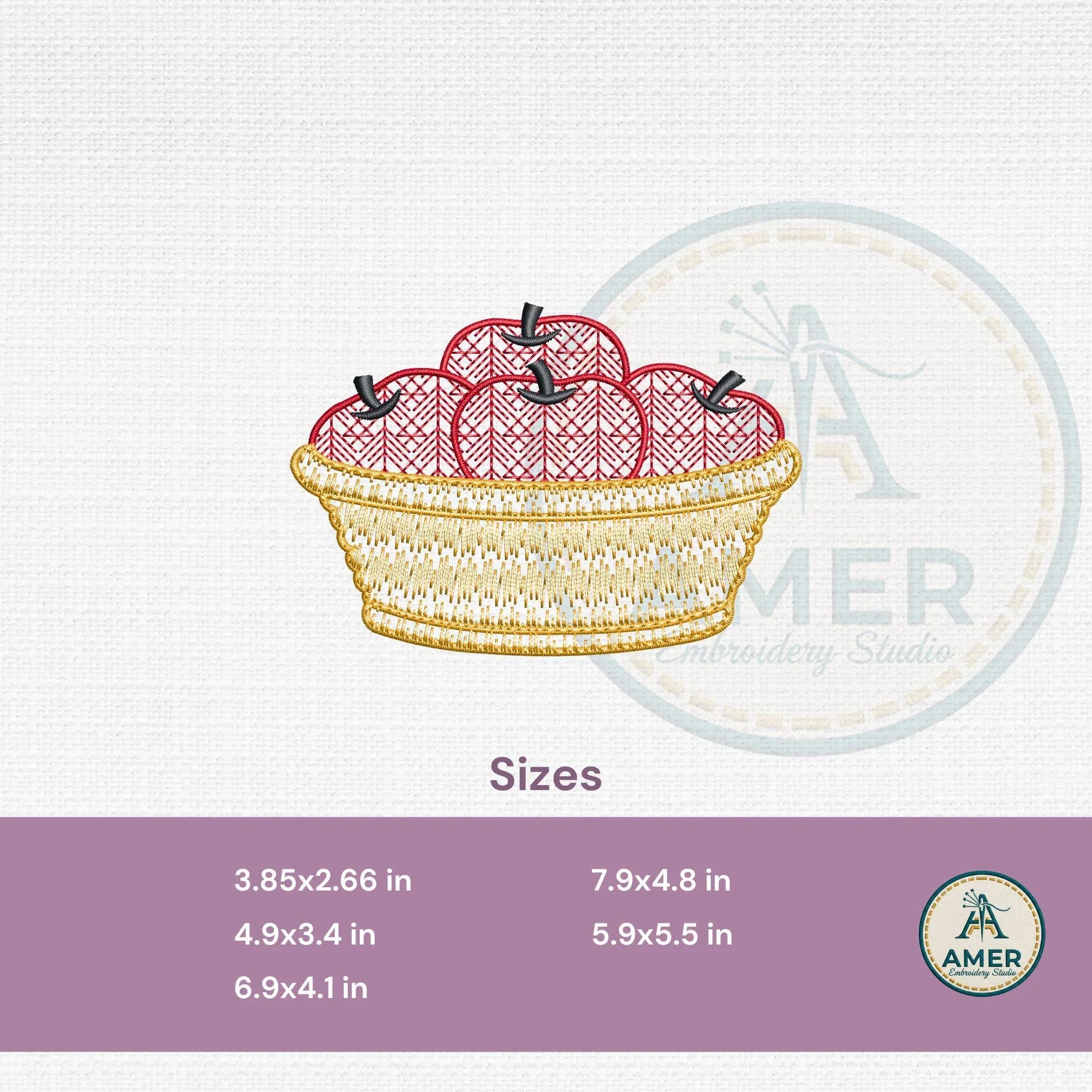 Apple Basket Embroidery Design, Modern Motif Fill Pattern, Light Stitch Fall Fruit, Kitchen Decor, Quick Stitch 5 Sizes PES DST Download - ReadTee