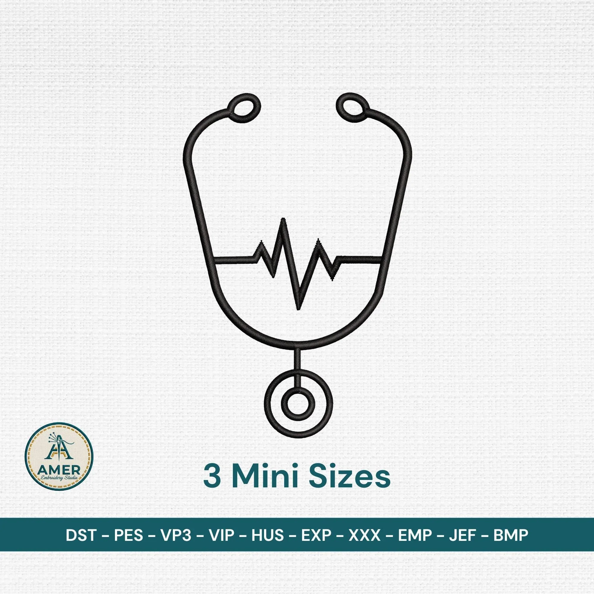 Stethoscope Heartbeat Outline Embroidery, Nurse Mini Design, Medical Line Art Machine Embroidery File, 3 Sizes, Instant Download PES DST JEF - ReadTee