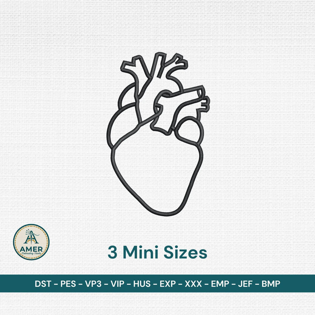 Anatomical Heart Line Art Embroidery, Medical Outline Design, Mini Machine Embroidery File, 3 Sizes, Instant Download PES DST JEF - ReadTee