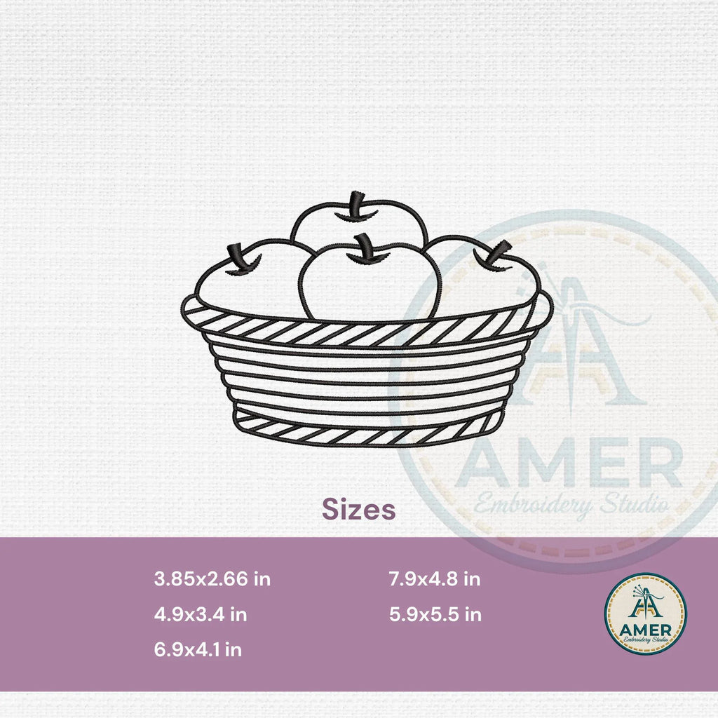 Apple Basket Outline Embroidery Design, Farmhouse Kitchen Fruit Pattern, Fall Harvest Redwork, Minimalist Sketch, 5 Sizes Instant Download - ReadTee