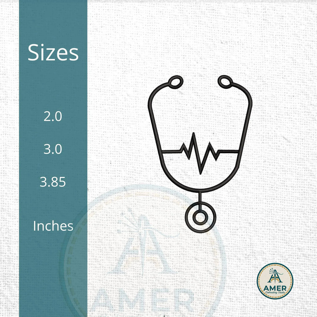 Stethoscope Heartbeat Outline Embroidery, Nurse Mini Design, Medical Line Art Machine Embroidery File, 3 Sizes, Instant Download PES DST JEF - ReadTee