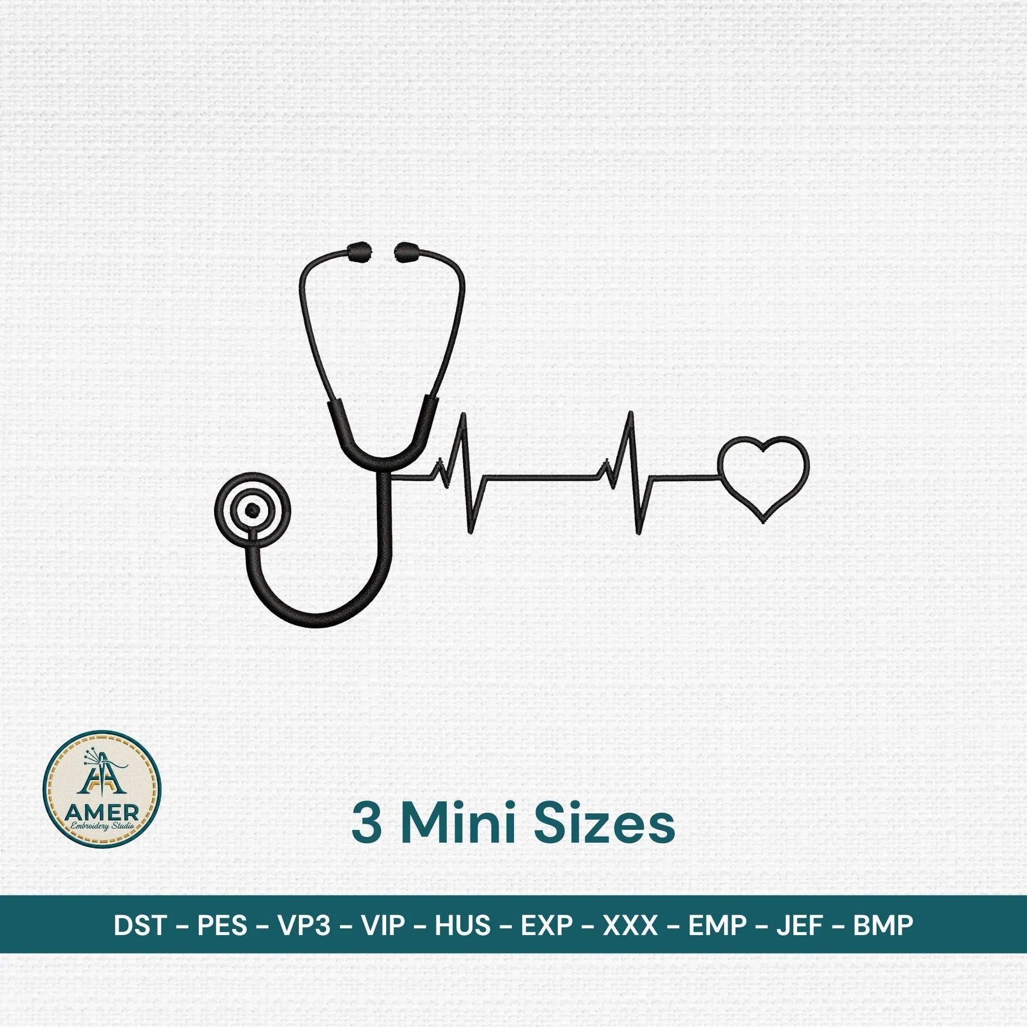 Stethoscope Heartbeat Line Embroidery, Nurse EKG Love Design, Mini Machine Embroidery File, 3 Sizes, Instant Download PES DST Jef - ReadTee