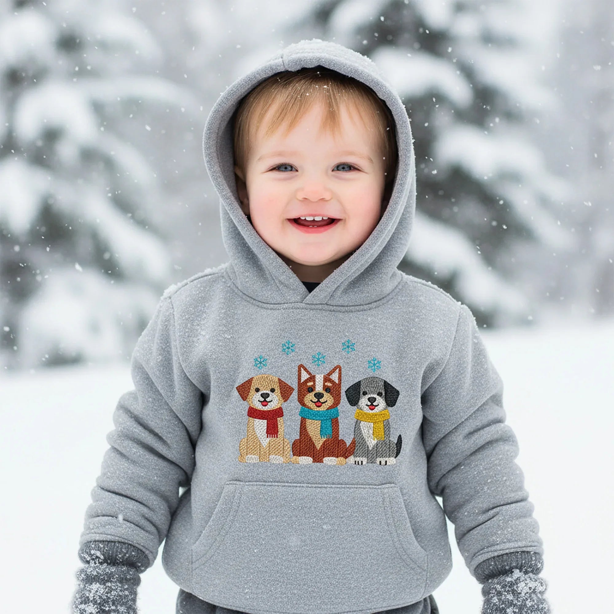 Winter Dogs Embroidery, Puppies in Scarves Snowflakes Design, 5 Sizes, Instant Download PES DST JEF - ReadTee