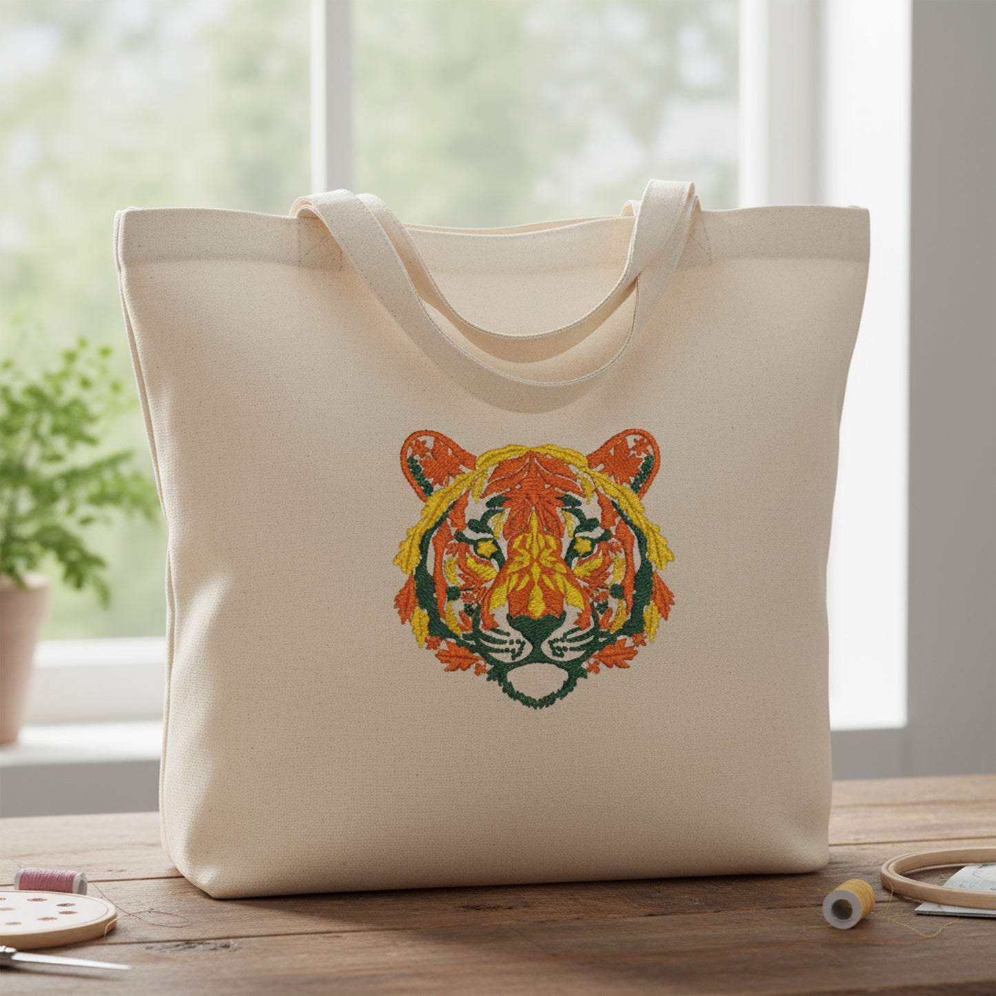 Autumn Leaves Tiger Embroidery Design | Fall Forest Machine Embroidery Pattern