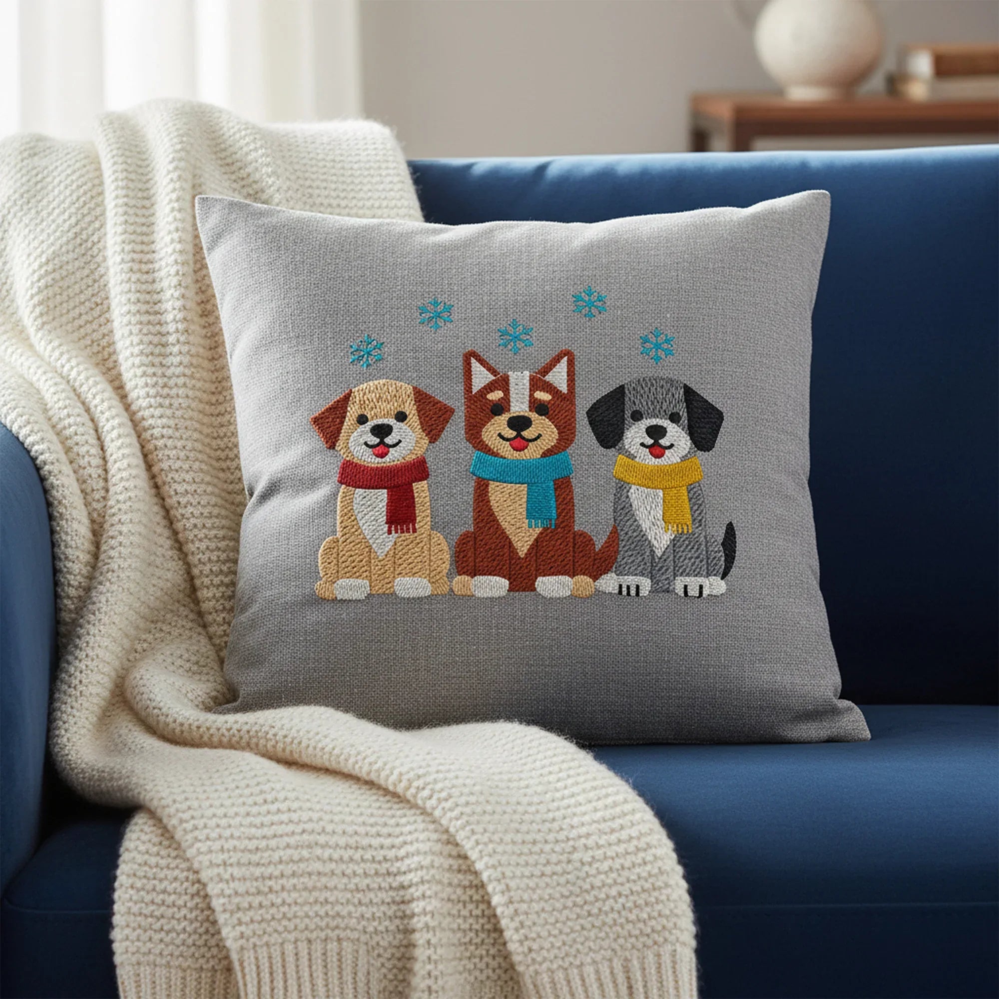 Winter Dogs Embroidery, Puppies in Scarves Snowflakes Design, 5 Sizes, Instant Download PES DST JEF - ReadTee